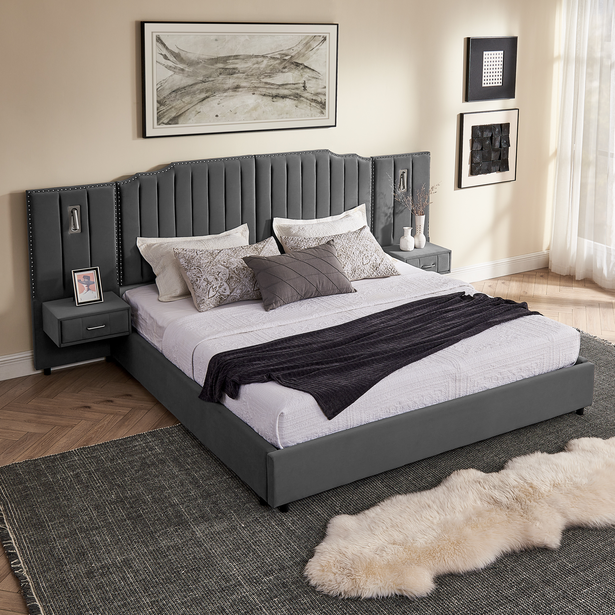King Size Upholstered Bed Frame with Velvet Fabric, Vertical Stripe Design with Buttons Around King Size Platform Bed with Headboard, Solid Frame & Bedside Table - No Box Spring Needed-Gray - Image 6