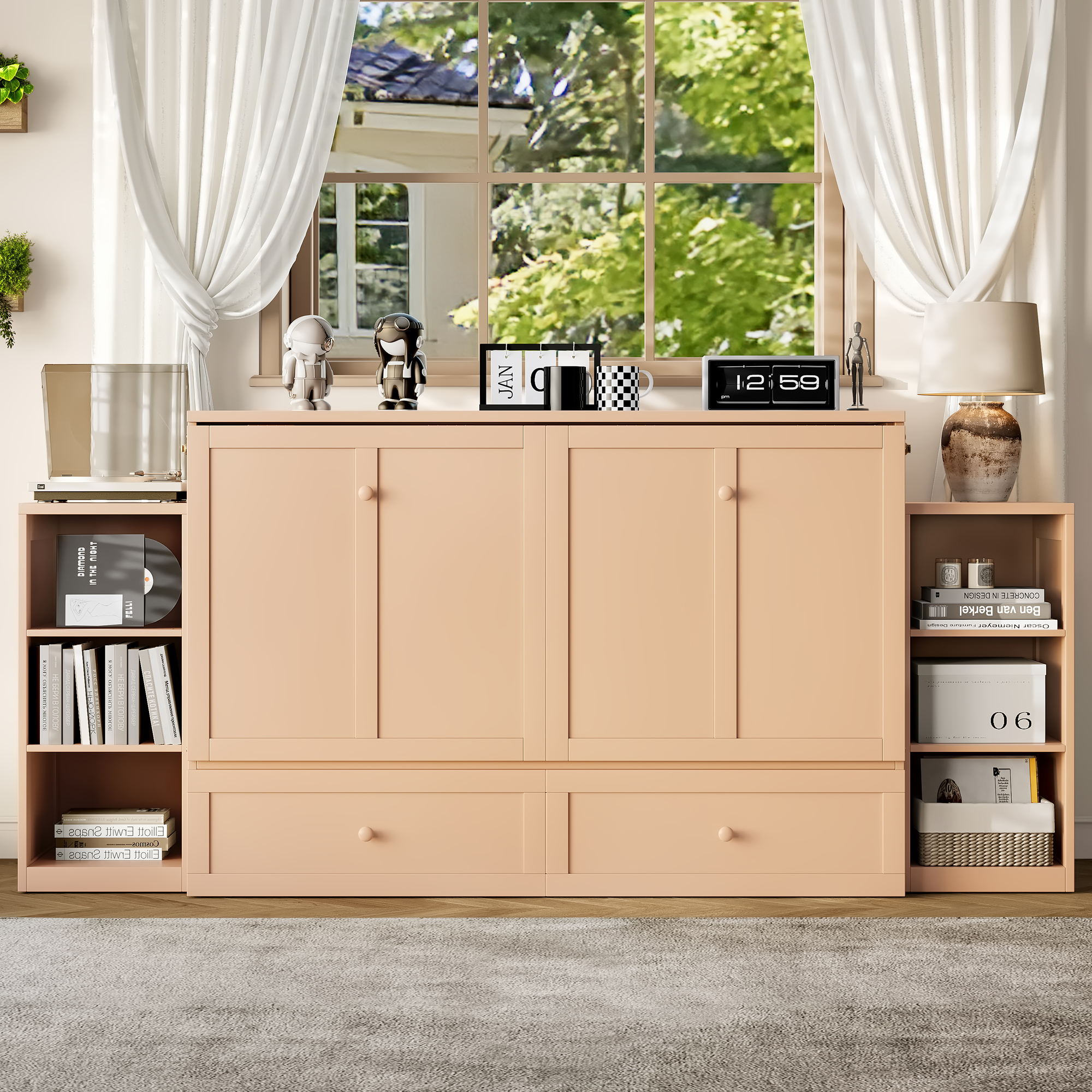 Queen size Murphy bed with spacious storage drawers and shelves. Ideal for guest rooms or compact bedrooms.Golden - Image 1