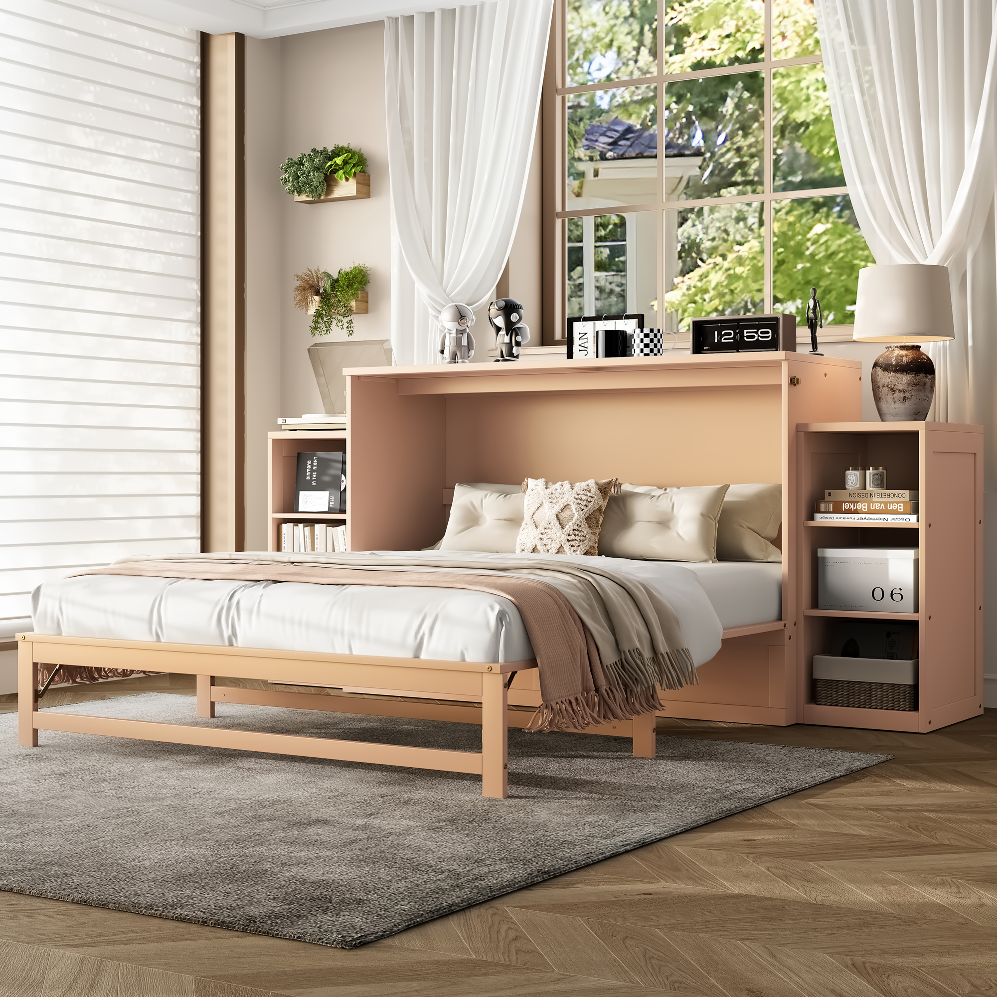 Queen size Murphy bed with spacious storage drawers and shelves. Ideal for guest rooms or compact bedrooms.Golden - Image 2