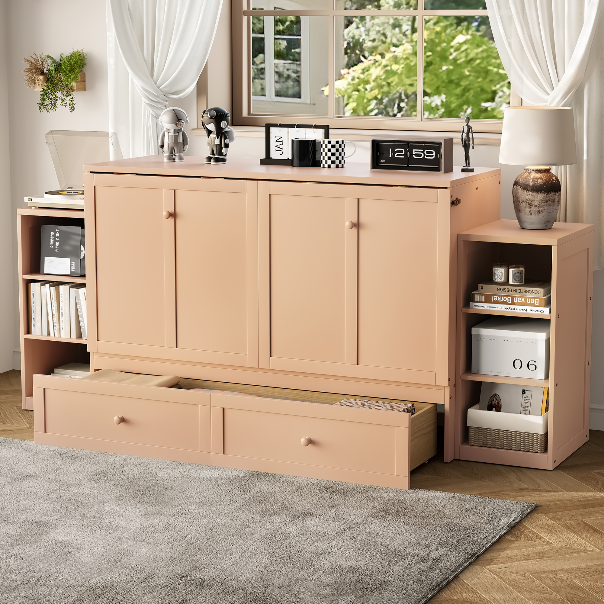Queen size Murphy bed with spacious storage drawers and shelves. Ideal for guest rooms or compact bedrooms.Golden - Image 3