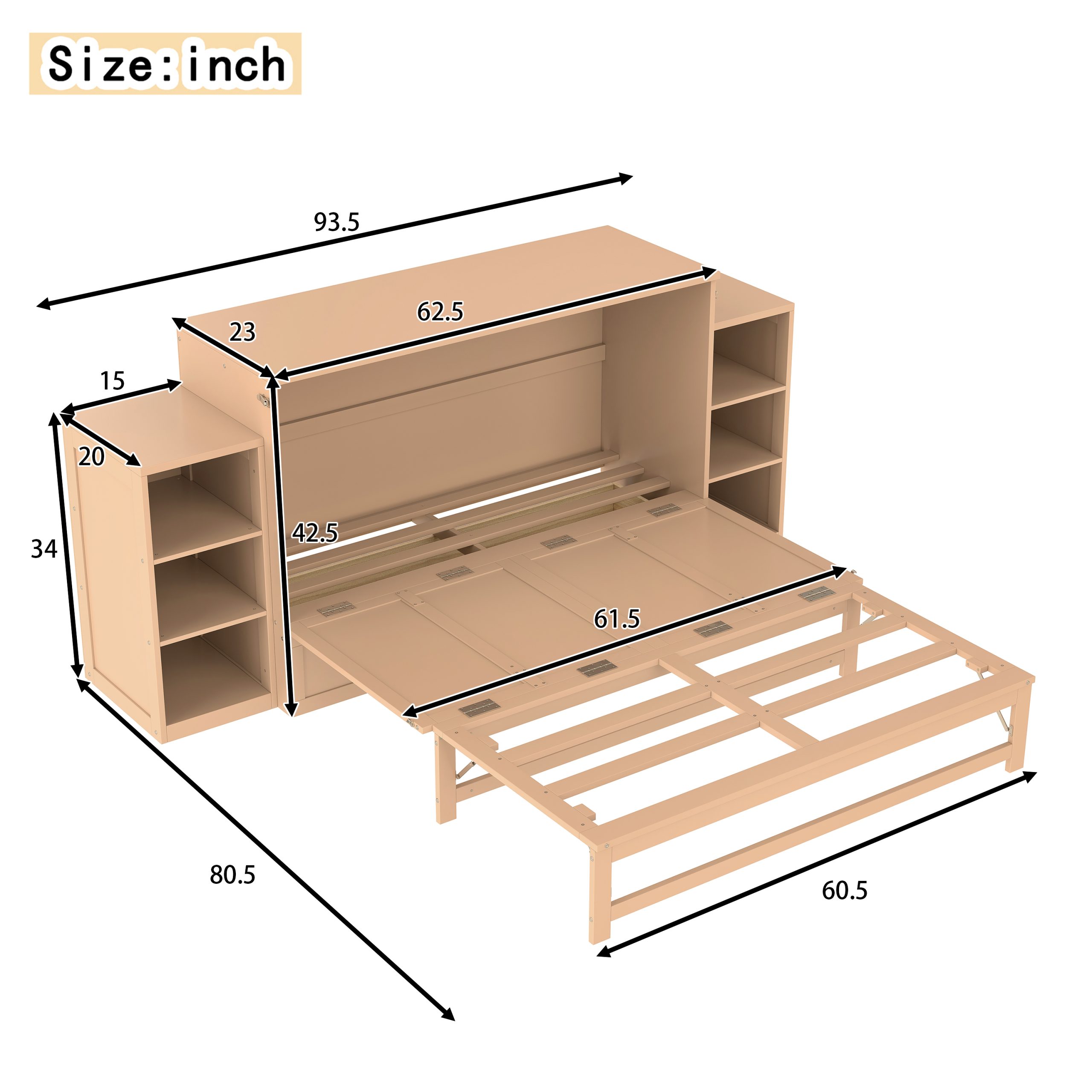 Queen size Murphy bed with spacious storage drawers and shelves. Ideal for guest rooms or compact bedrooms.Golden - Image 4