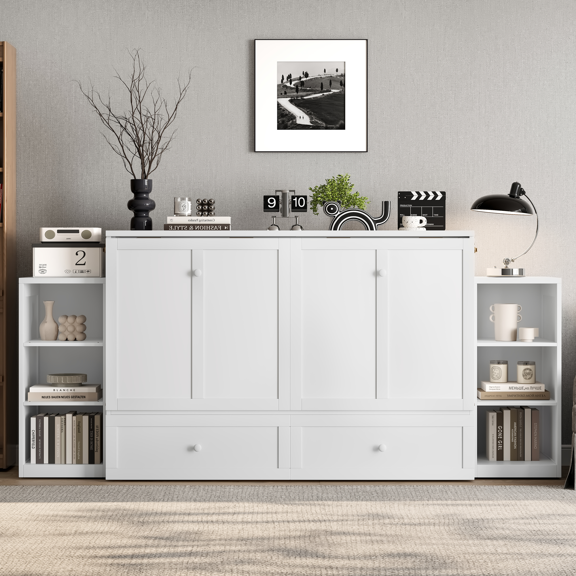 Queen size Murphy bed with spacious storage drawers and shelves. Ideal for guest rooms or compact bedrooms. White