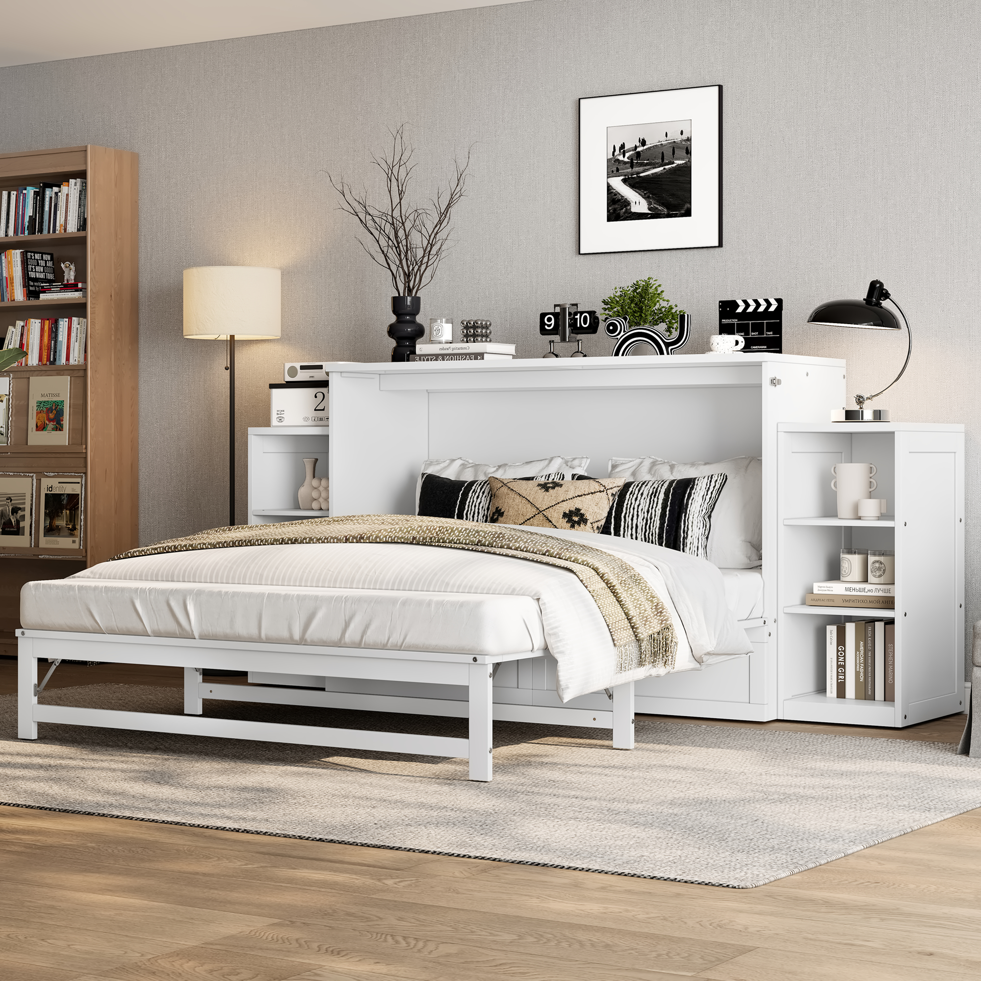 Queen size Murphy bed with spacious storage drawers and shelves. Ideal for guest rooms or compact bedrooms. White - Image 2