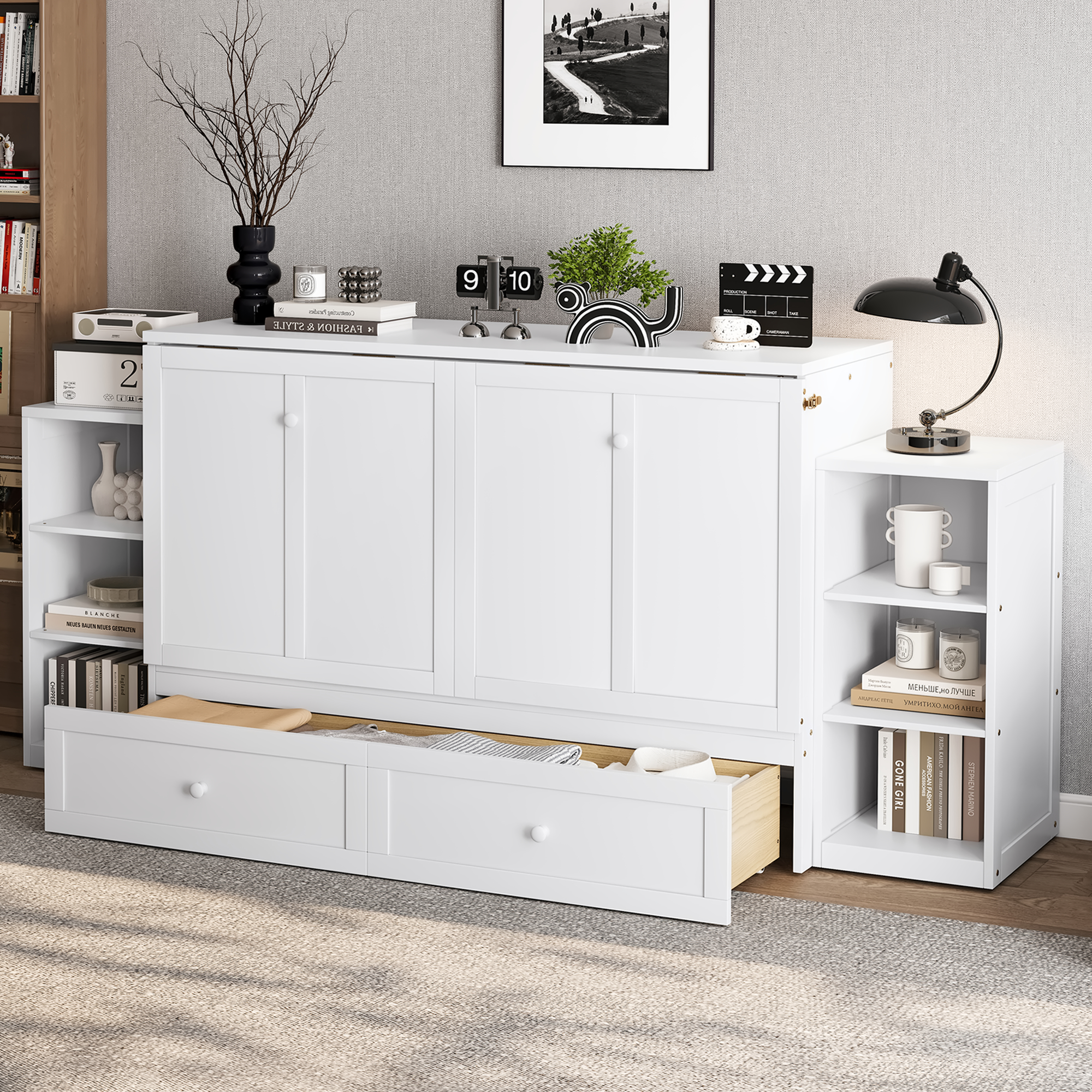 Queen size Murphy bed with spacious storage drawers and shelves. Ideal for guest rooms or compact bedrooms. White - Image 3