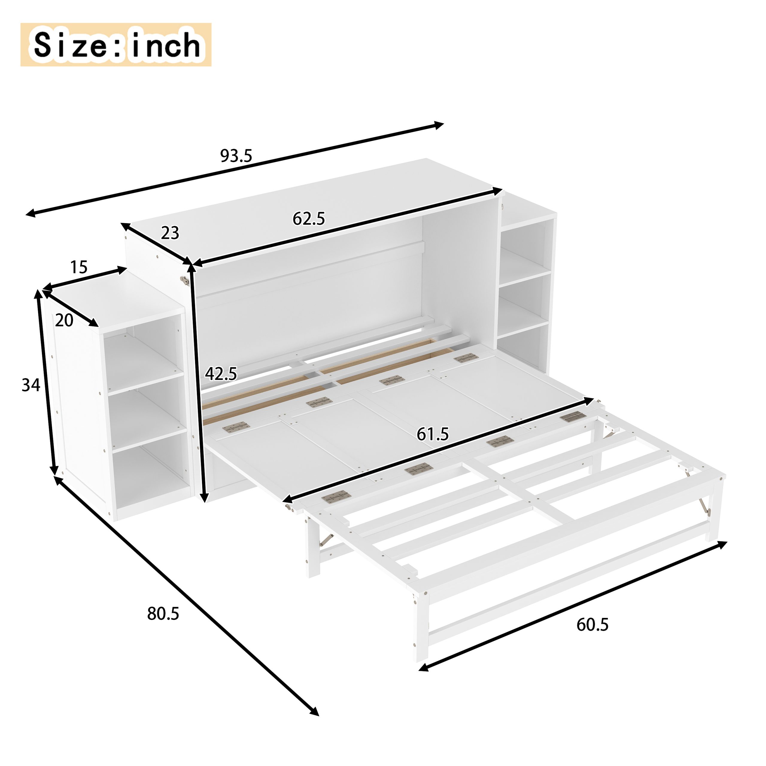Queen size Murphy bed with spacious storage drawers and shelves. Ideal for guest rooms or compact bedrooms. White - Image 4