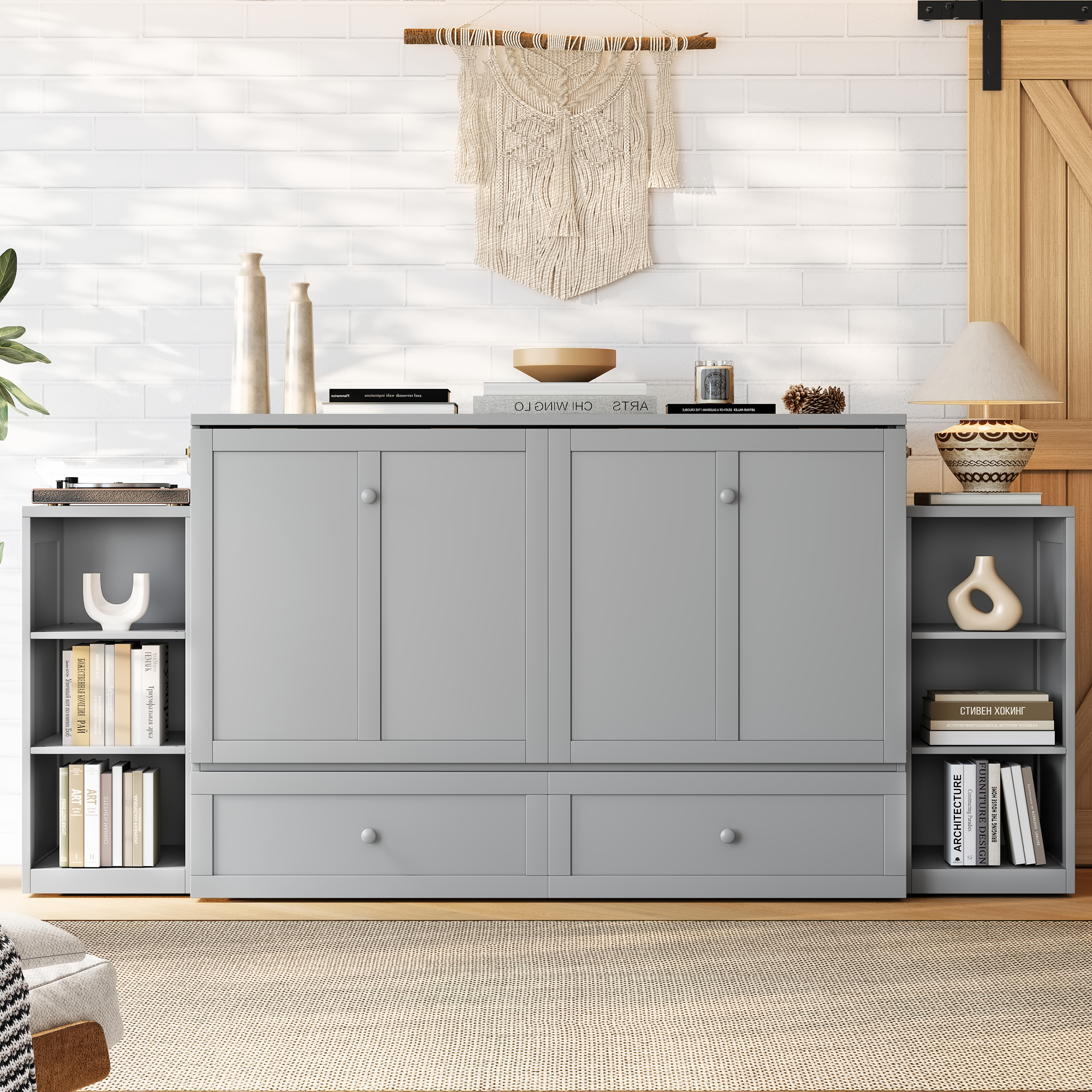 Queen size Murphy bed with spacious storage drawers and shelves. Ideal for guest rooms or compact bedrooms.Light gray