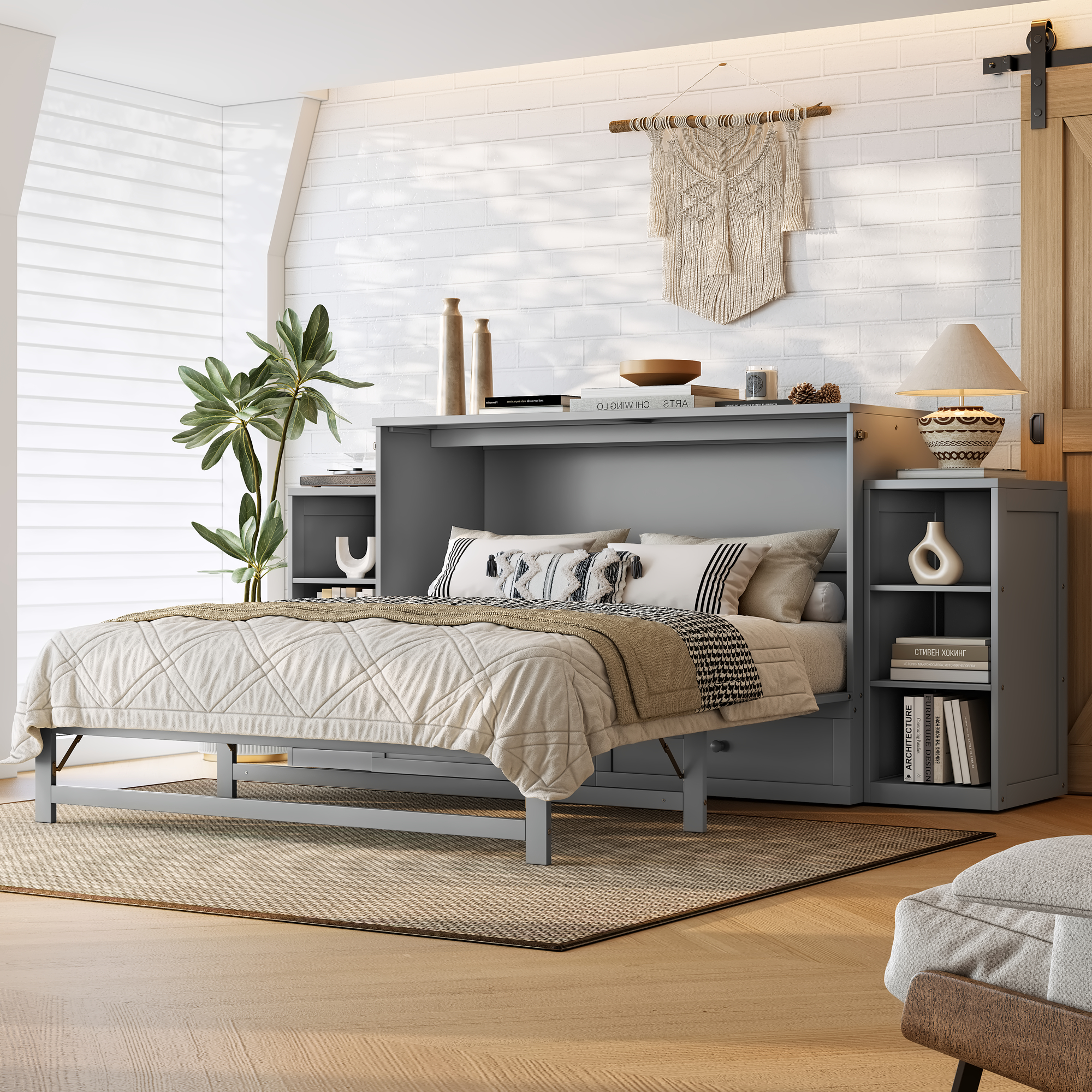 Queen size Murphy bed with spacious storage drawers and shelves. Ideal for guest rooms or compact bedrooms.Light gray - Image 2