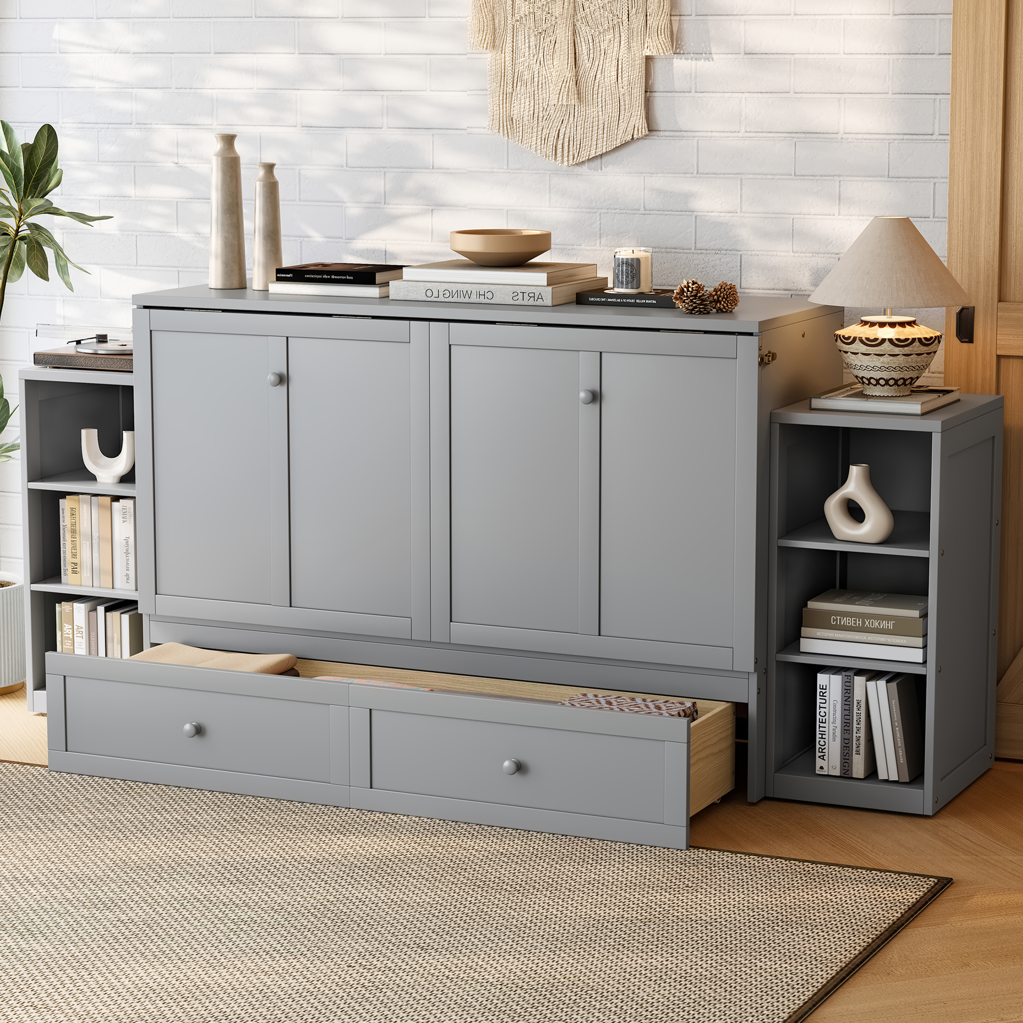 Queen size Murphy bed with spacious storage drawers and shelves. Ideal for guest rooms or compact bedrooms.Light gray - Image 3
