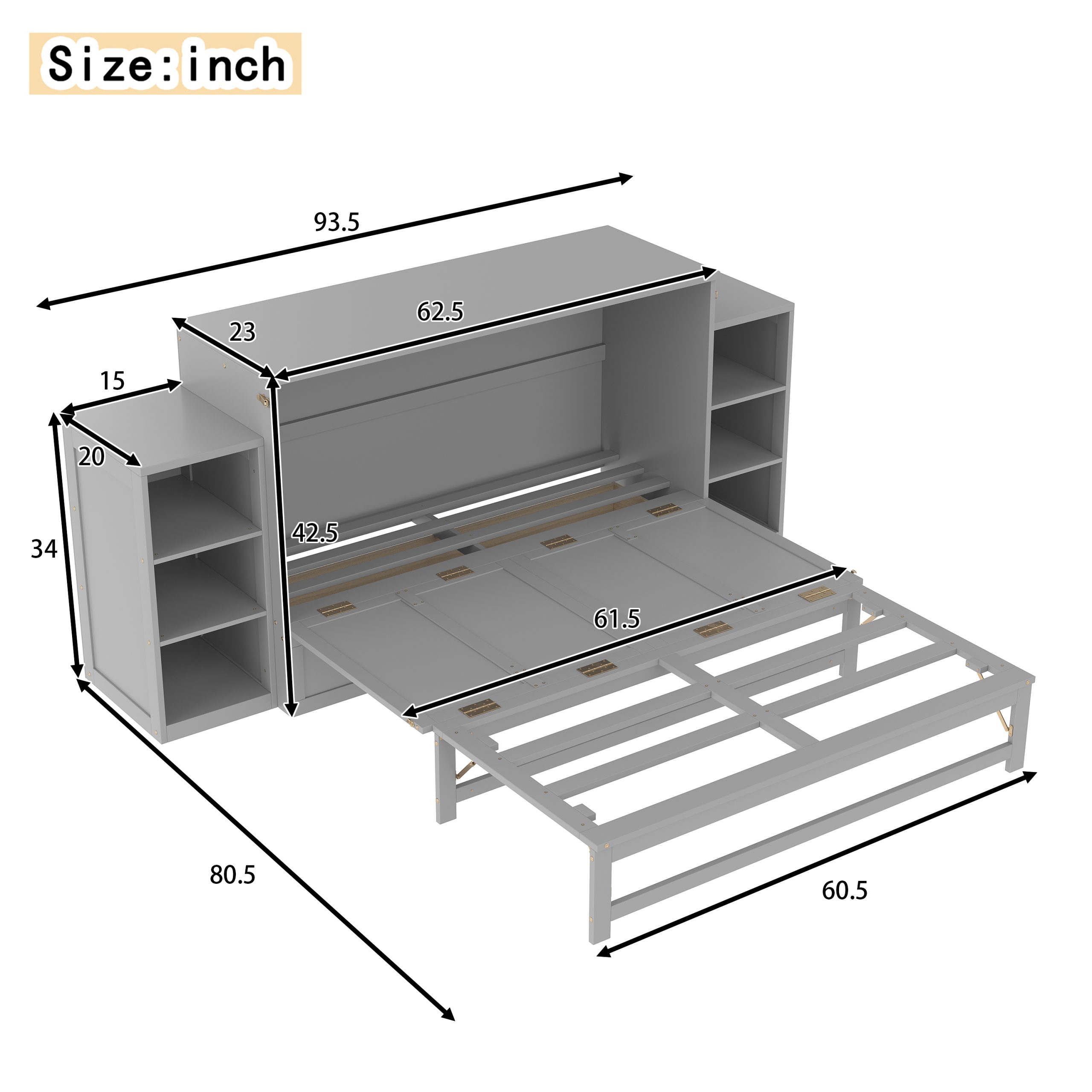 Queen size Murphy bed with spacious storage drawers and shelves. Ideal for guest rooms or compact bedrooms.Light gray - Image 4