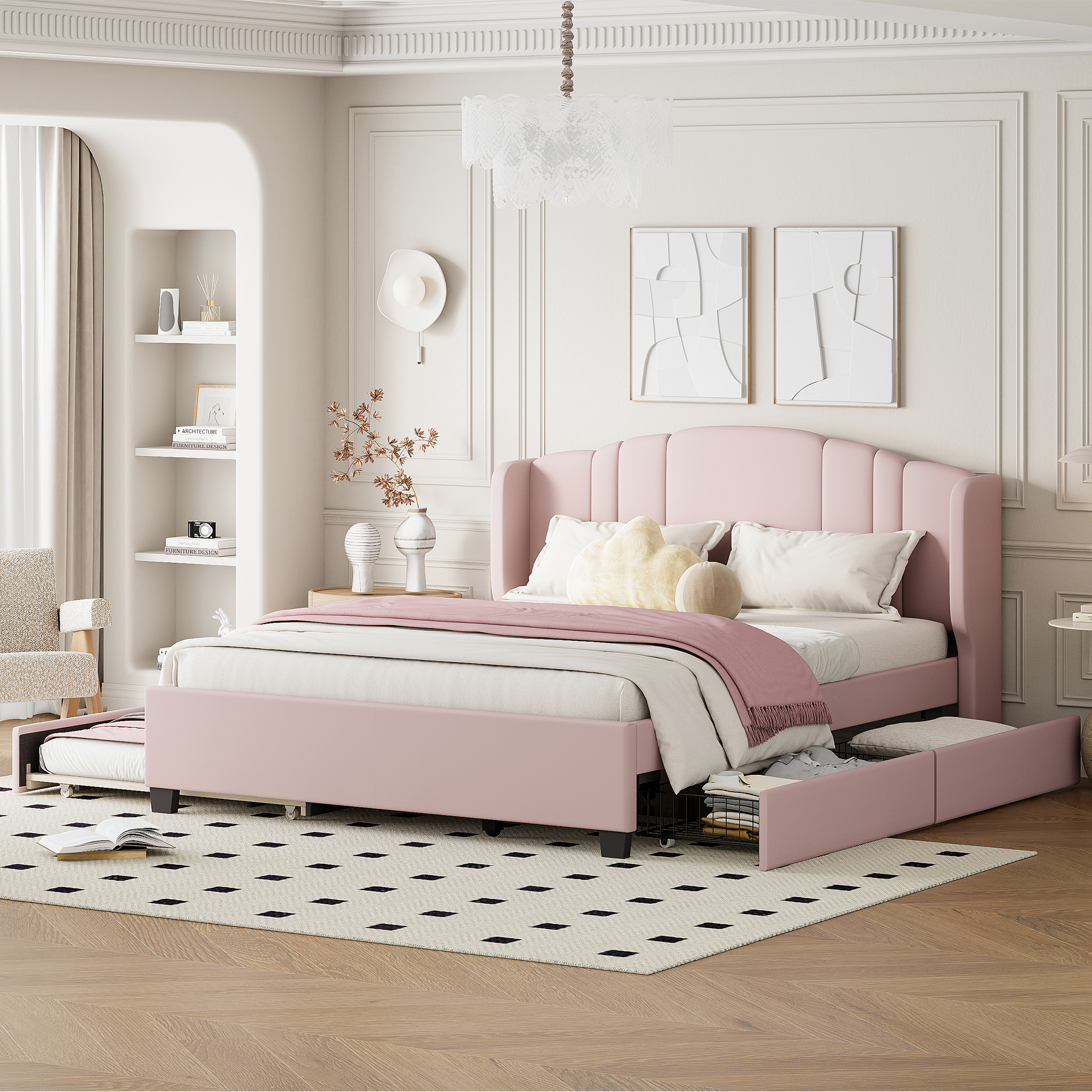 Upholstered Platform Bed with Wingback Headboard, One Twin Trundle and 2 Drawers, No Box Spring Needed, Linen Fabric, Queen Size, Pink - Image 3