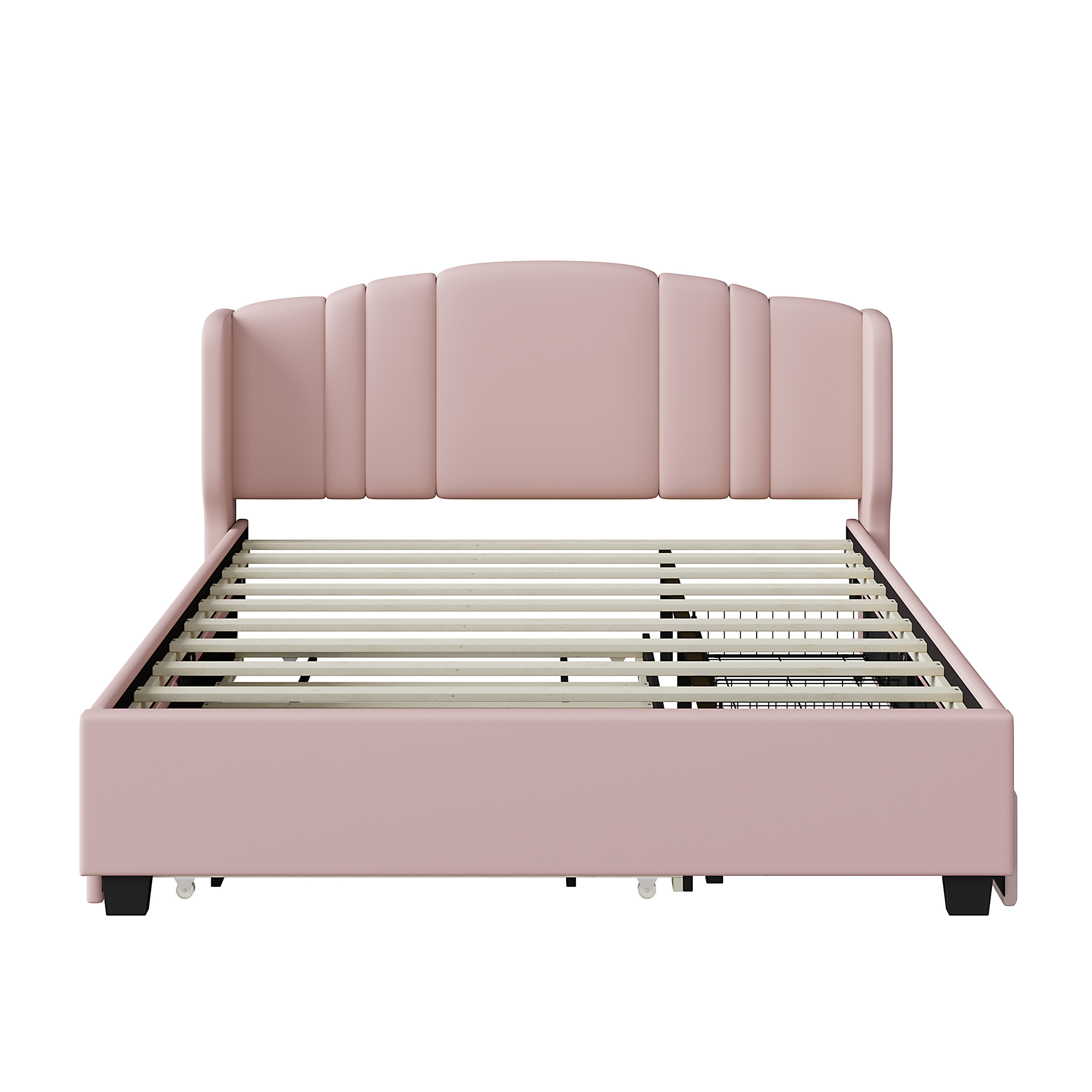 Upholstered Platform Bed with Wingback Headboard, One Twin Trundle and 2 Drawers, No Box Spring Needed, Linen Fabric, Queen Size, Pink - Image 4