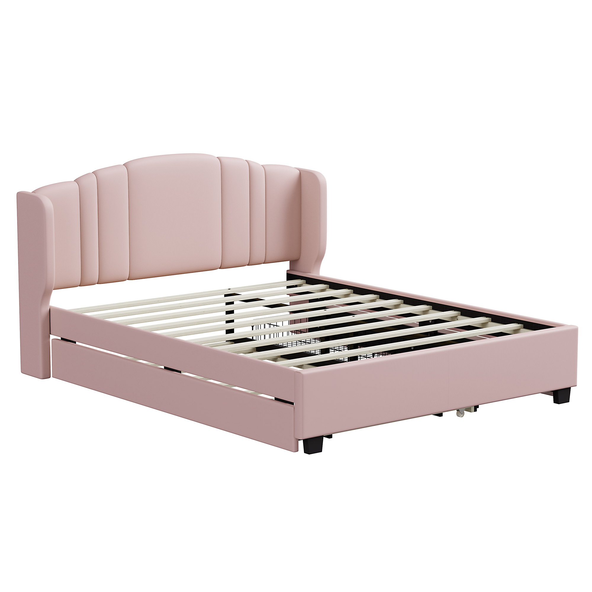Upholstered Platform Bed with Wingback Headboard, One Twin Trundle and 2 Drawers, No Box Spring Needed, Linen Fabric, Queen Size, Pink - Image 5