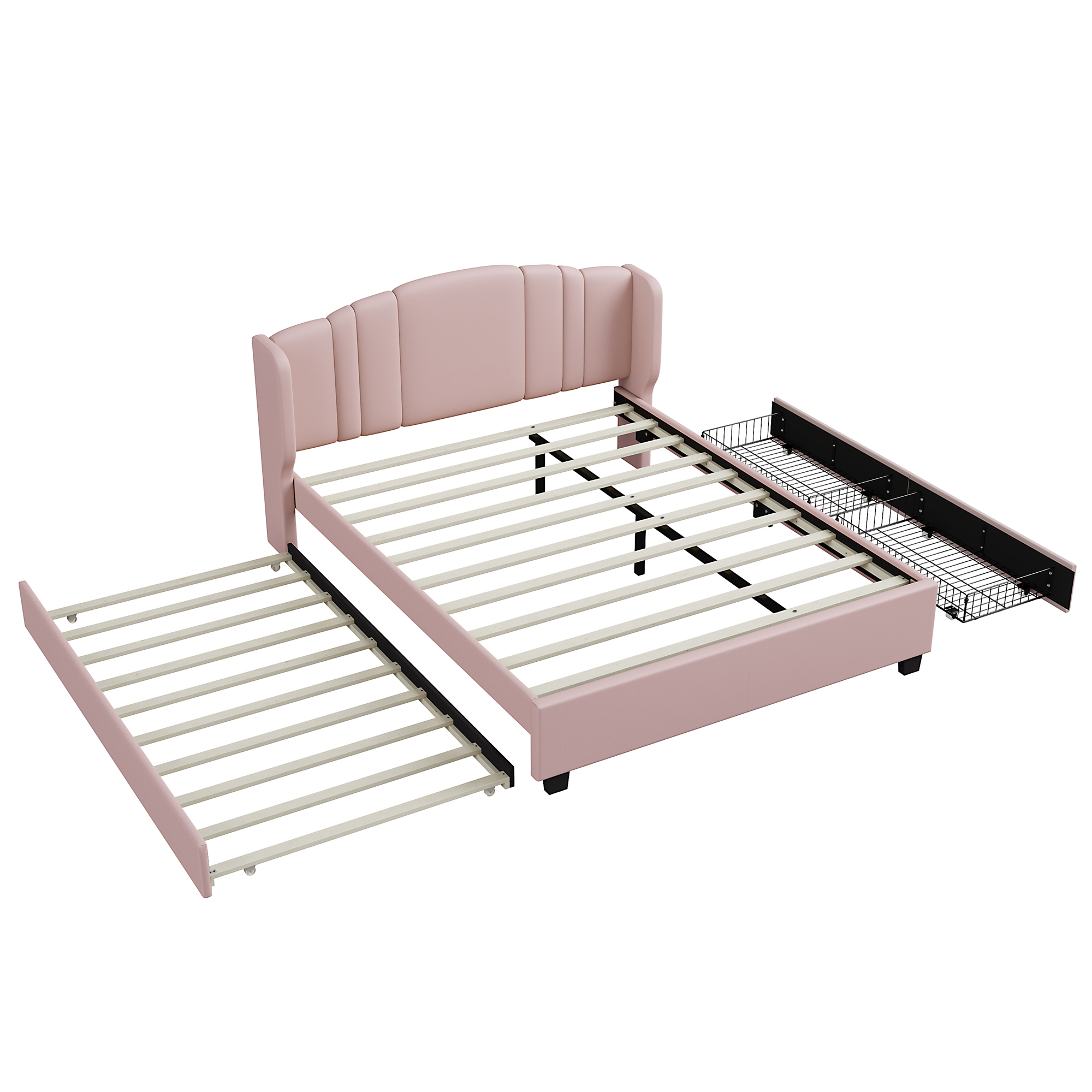 Upholstered Platform Bed with Wingback Headboard, One Twin Trundle and 2 Drawers, No Box Spring Needed, Linen Fabric, Queen Size, Pink - Image 6