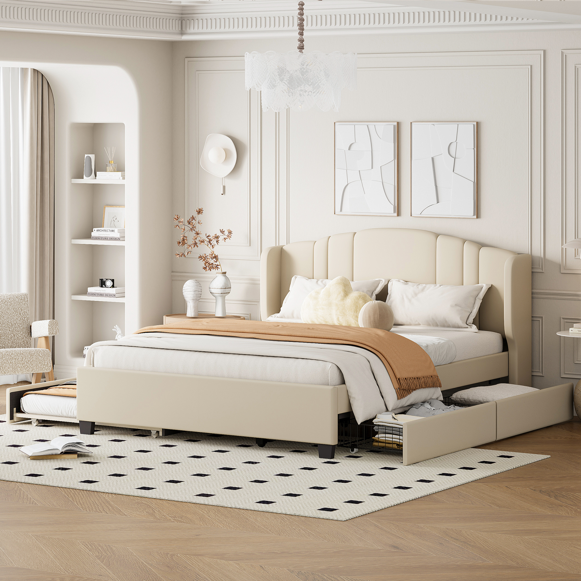 Upholstered Platform Bed with Wingback Headboard, One Twin Trundle and 2 Drawers, No Box Spring Needed, Linen Fabric, Queen Size, Beige - Image 3