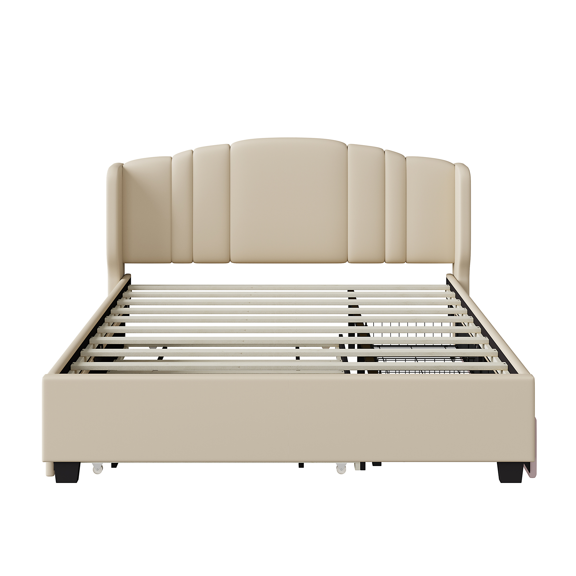 Upholstered Platform Bed with Wingback Headboard, One Twin Trundle and 2 Drawers, No Box Spring Needed, Linen Fabric, Queen Size, Beige - Image 4