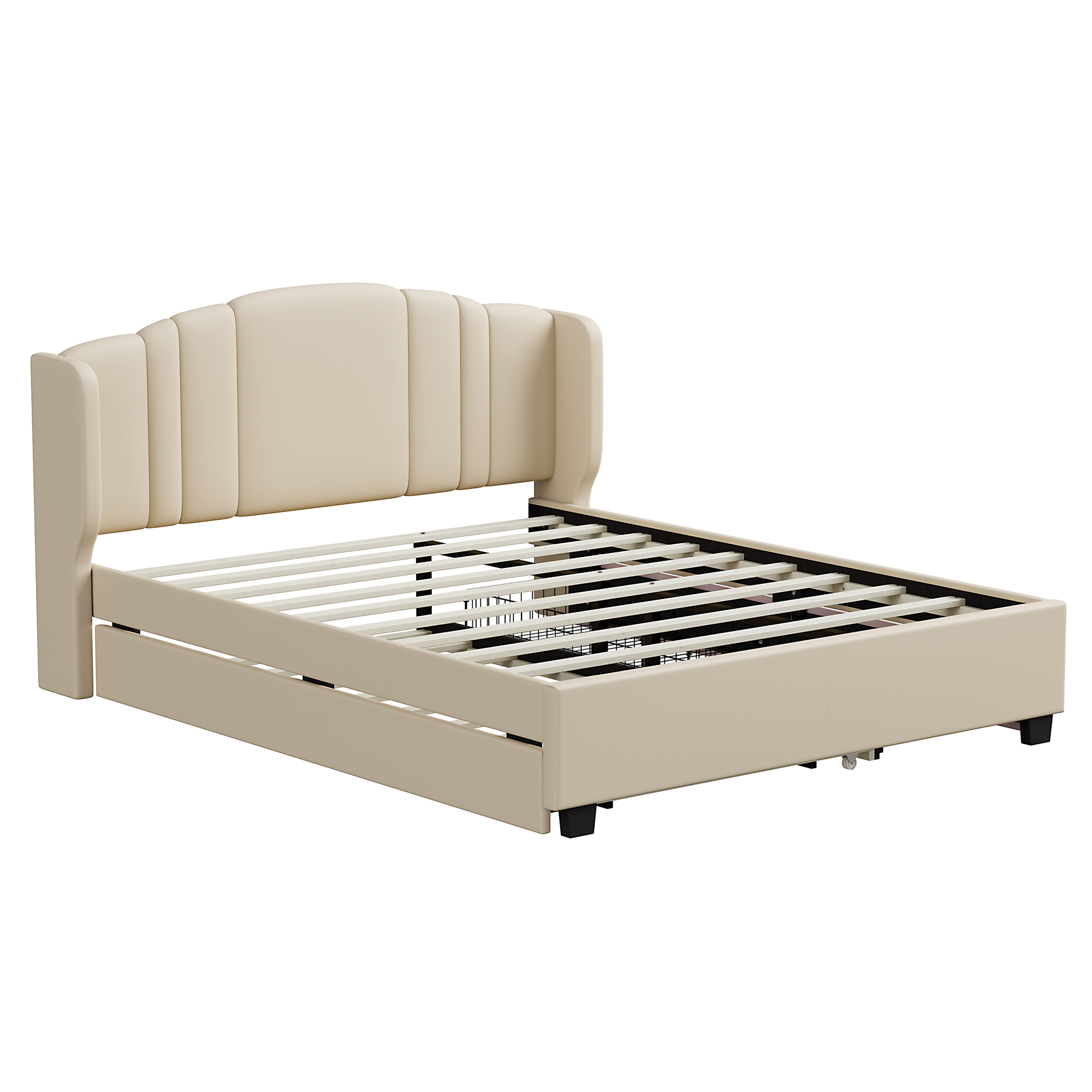 Upholstered Platform Bed with Wingback Headboard, One Twin Trundle and 2 Drawers, No Box Spring Needed, Linen Fabric, Queen Size, Beige - Image 5