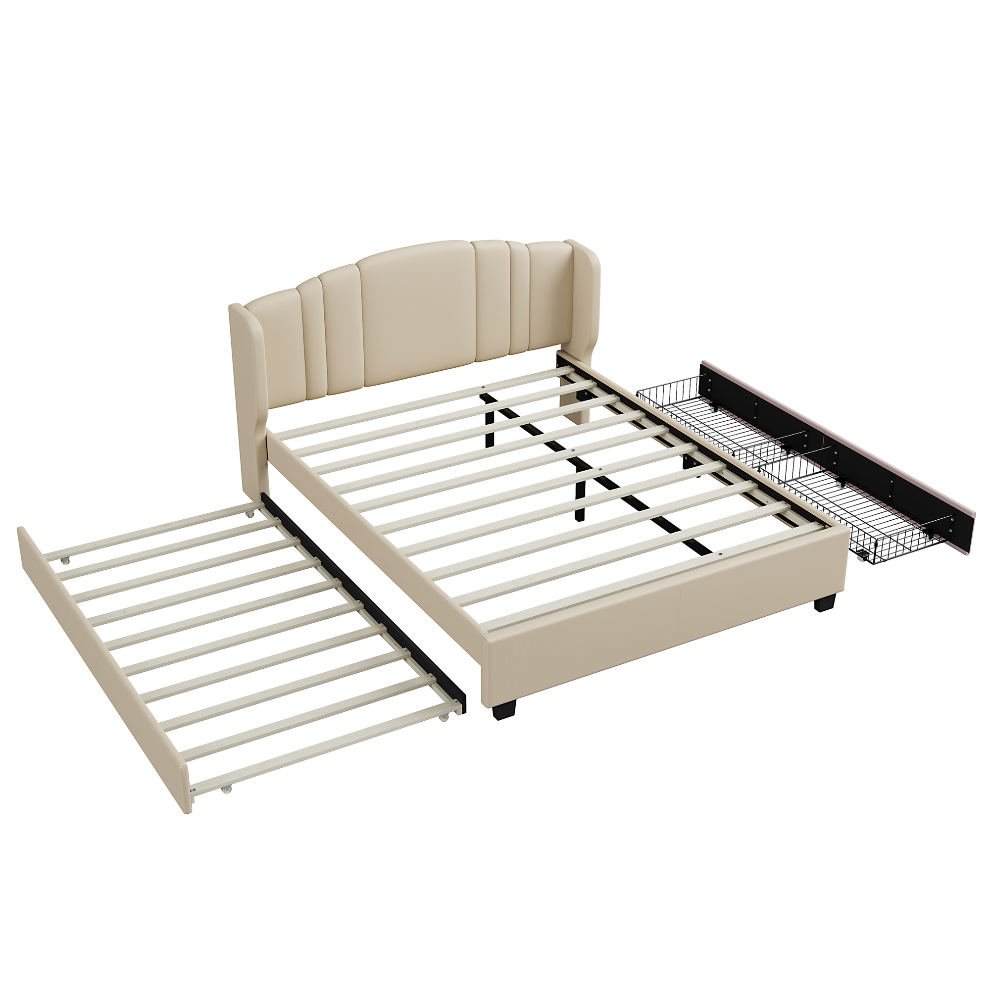 Upholstered Platform Bed with Wingback Headboard, One Twin Trundle and 2 Drawers, No Box Spring Needed, Linen Fabric, Queen Size, Beige - Image 6