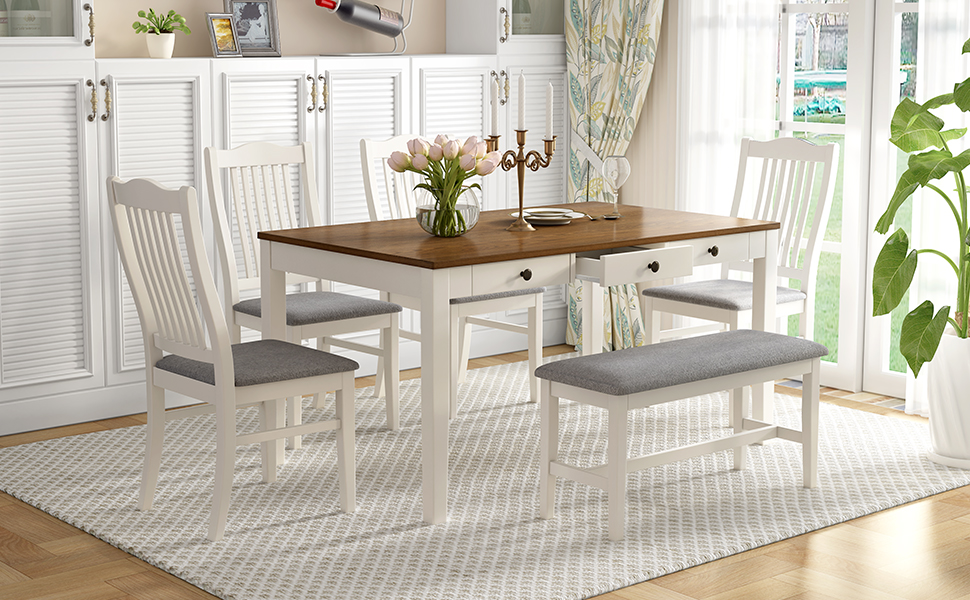 TOPMAX Mid-Century 6-Piece Wood Dining Table Set, Kitchen Table Set with Drawer, Upholstered Chairs and Bench, White(old sku:SP000006AAA) - Image 3