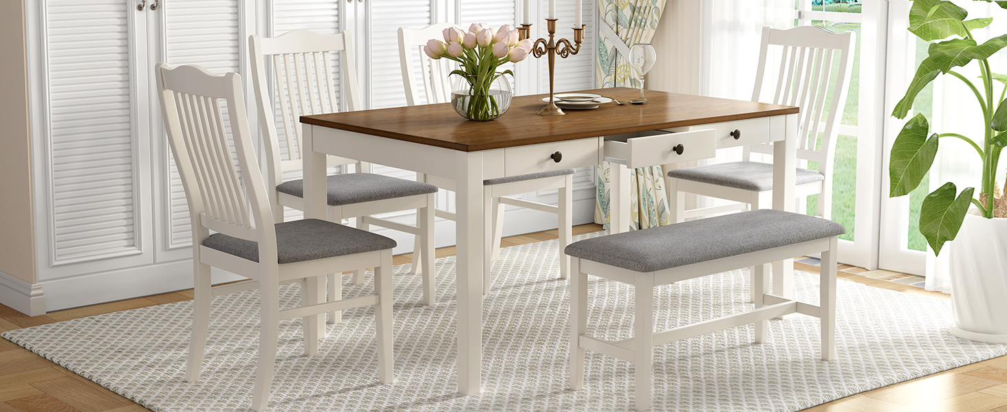 TOPMAX Mid-Century 6-Piece Wood Dining Table Set, Kitchen Table Set with Drawer, Upholstered Chairs and Bench, White(old sku:SP000006AAA) - Image 4