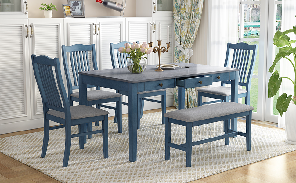TOPMAX Mid-Century 6-Piece Wood Dining Table Set, Kitchen Table Set with Drawer, Upholstered Chairs and Bench, Blue(old sku:SP000006AAC) - Image 3