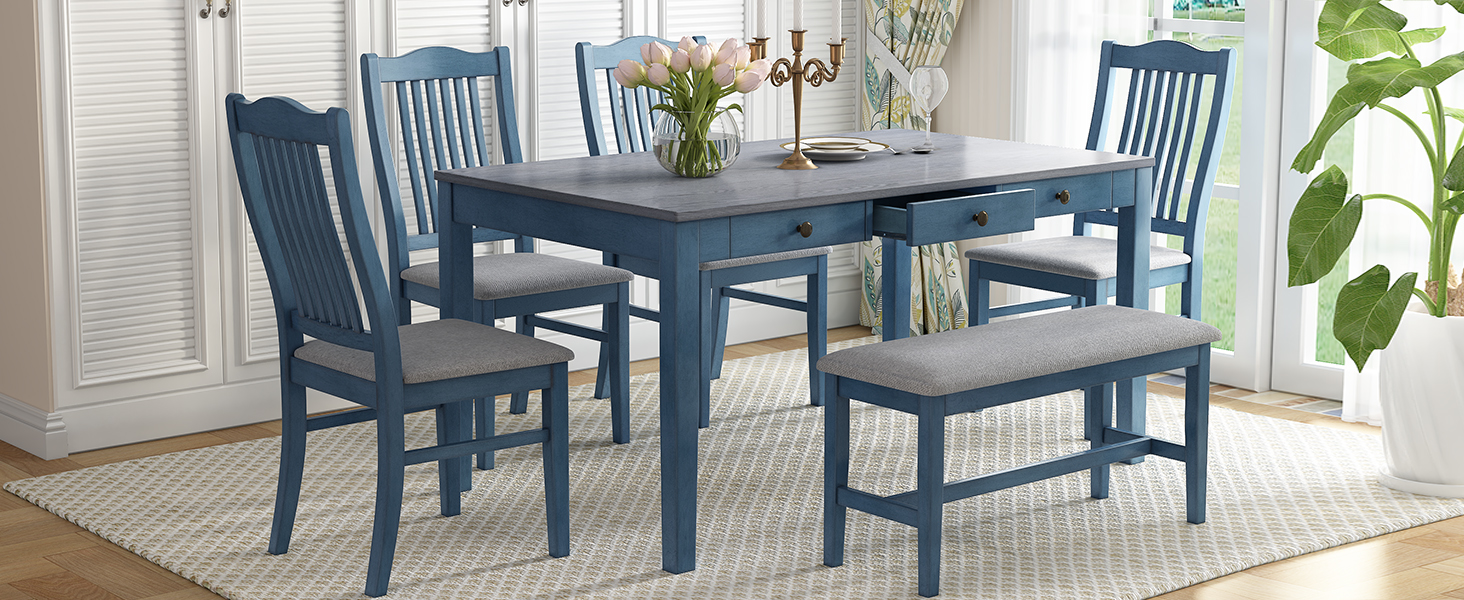 TOPMAX Mid-Century 6-Piece Wood Dining Table Set, Kitchen Table Set with Drawer, Upholstered Chairs and Bench, Blue(old sku:SP000006AAC) - Image 4