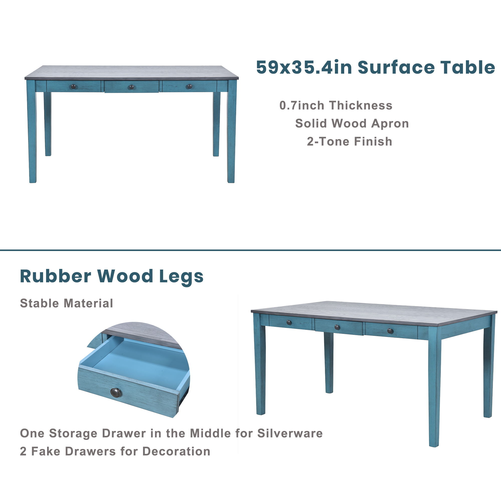 TOPMAX Mid-Century 6-Piece Wood Dining Table Set, Kitchen Table Set with Drawer, Upholstered Chairs and Bench, Blue(old sku:SP000006AAC) - Image 5