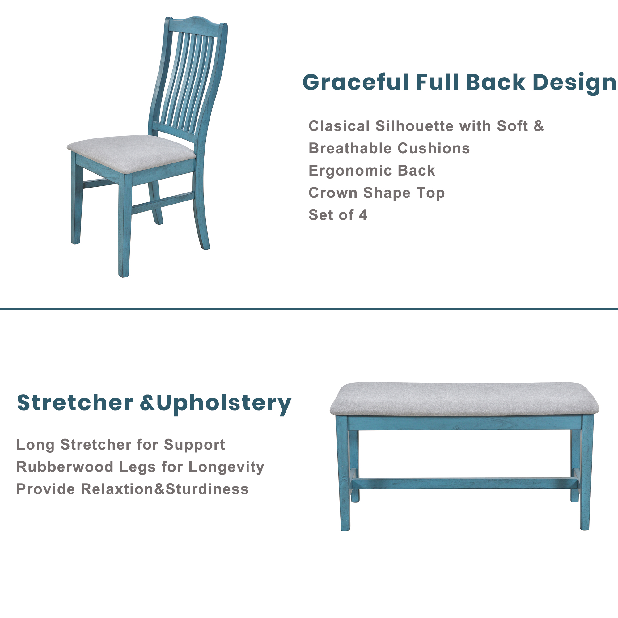 TOPMAX Mid-Century 6-Piece Wood Dining Table Set, Kitchen Table Set with Drawer, Upholstered Chairs and Bench, Blue(old sku:SP000006AAC) - Image 6