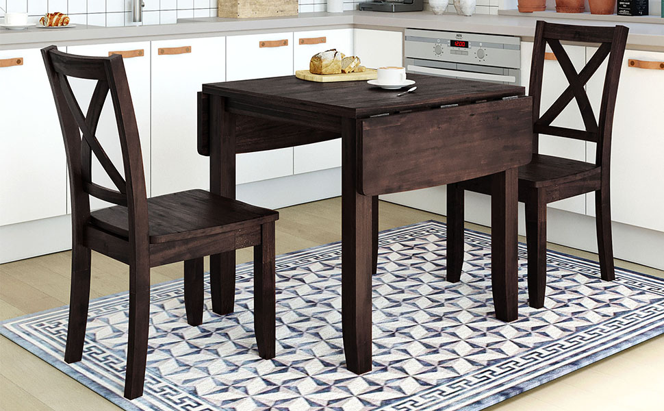 TOPMAX 3-Piece Wood Drop Leaf Breakfast Nook Dining Table Set with 2 X-back Chairs for Small Places, Espresso - Image 2