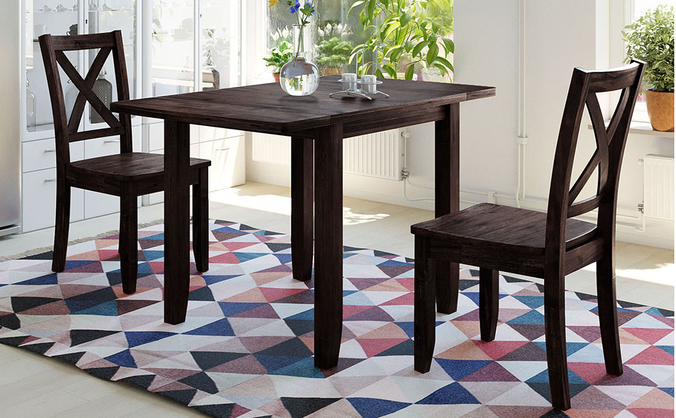 TOPMAX 3-Piece Wood Drop Leaf Breakfast Nook Dining Table Set with 2 X-back Chairs for Small Places, Espresso - Image 3