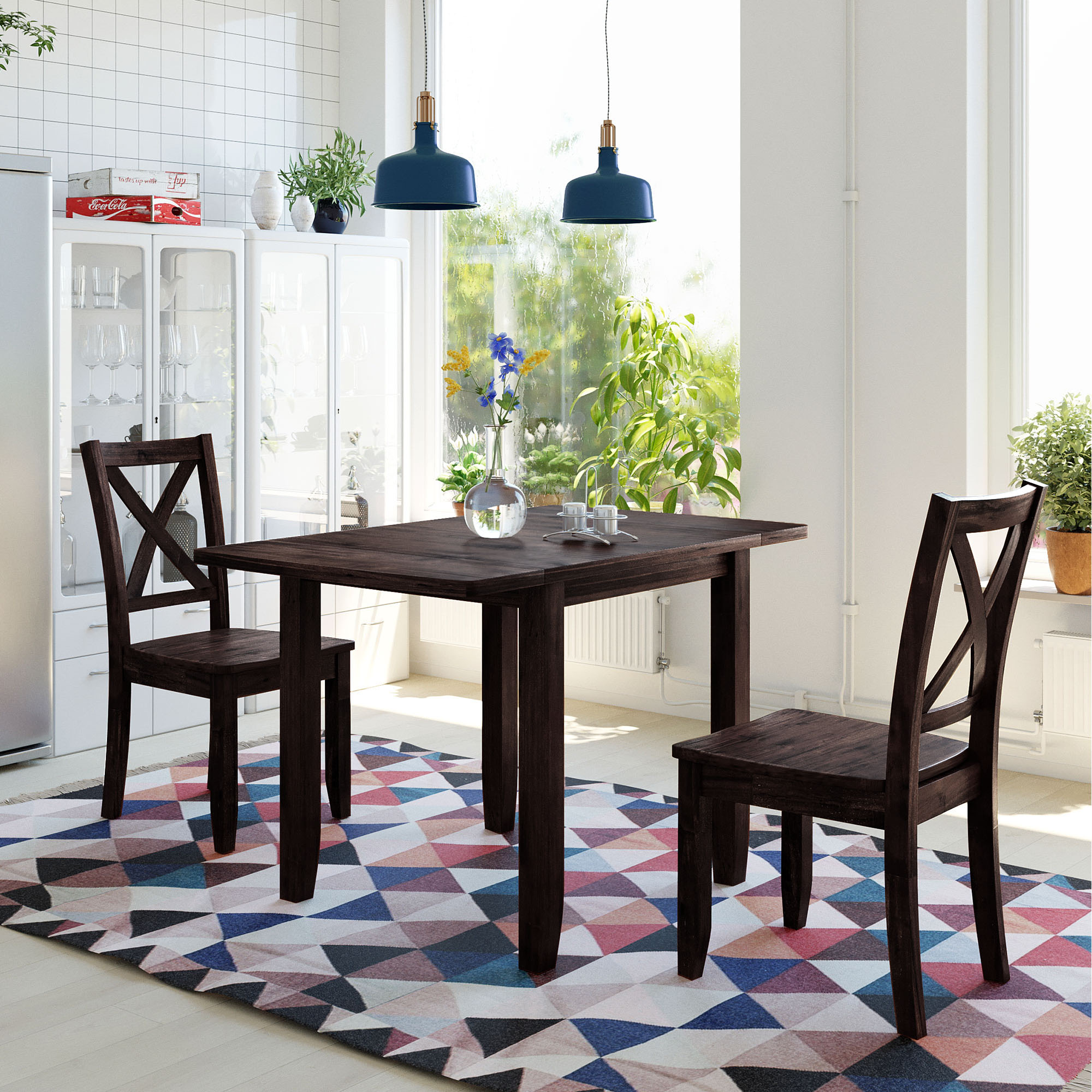 TOPMAX 3-Piece Wood Drop Leaf Breakfast Nook Dining Table Set with 2 X-back Chairs for Small Places, Espresso - Image 4