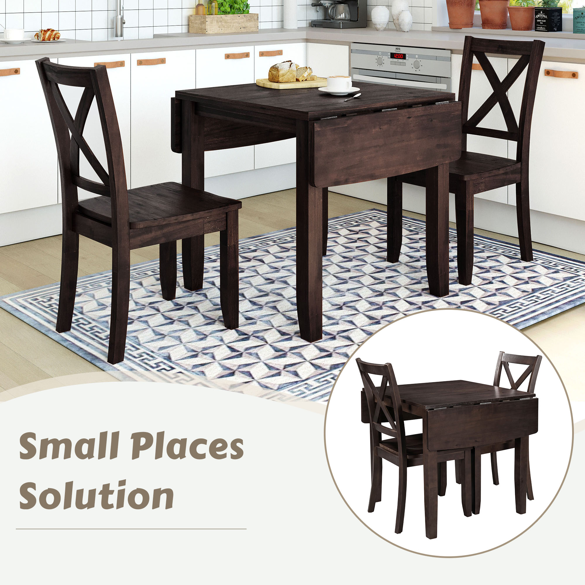 TOPMAX 3-Piece Wood Drop Leaf Breakfast Nook Dining Table Set with 2 X-back Chairs for Small Places, Espresso - Image 5