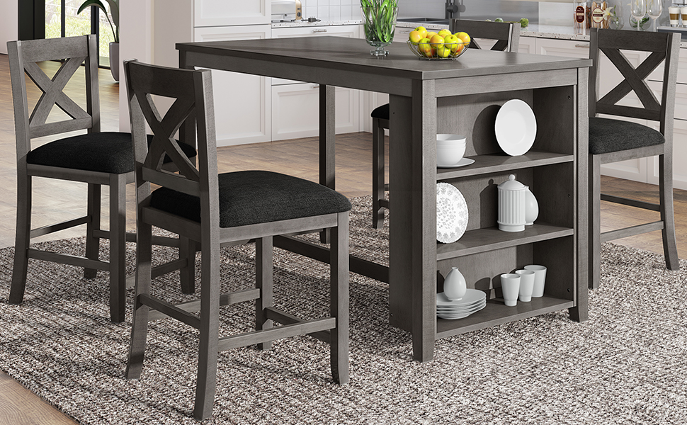TOPMAX 5 Pieces Counter Height Rustic Farmhouse Dining Room Wooden Bar Table Set with 4 Chairs, Gray - Image 3