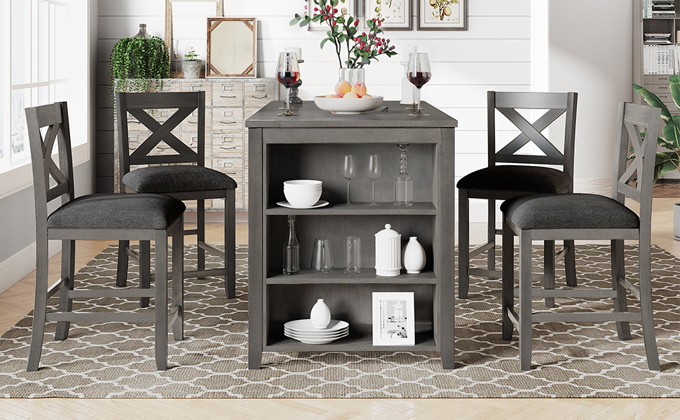 TOPMAX 5 Pieces Counter Height Rustic Farmhouse Dining Room Wooden Bar Table Set with 4 Chairs, Gray - Image 5