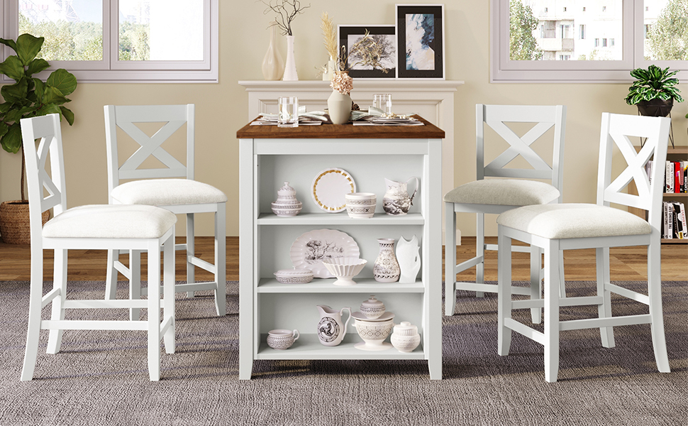 TOPMAX 5 Pieces Counter Height Rustic Farmhouse Dining Room Wooden Bar Table Set with 4 Chairs, White - Image 3