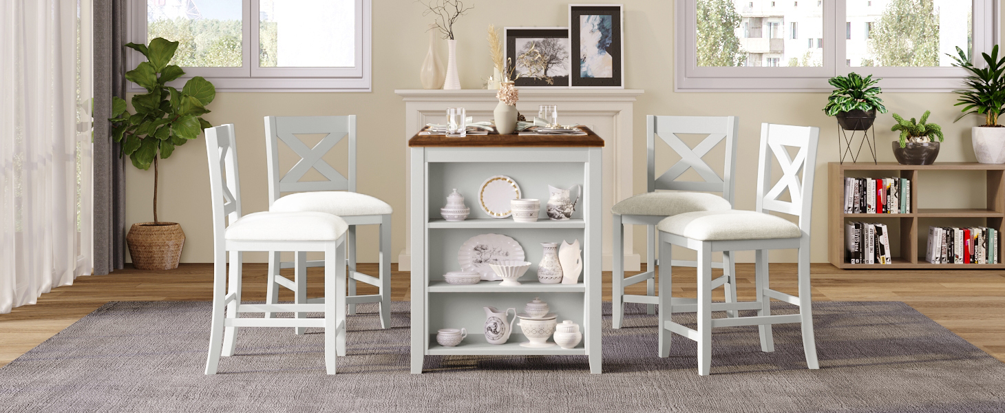 TOPMAX 5 Pieces Counter Height Rustic Farmhouse Dining Room Wooden Bar Table Set with 4 Chairs, White - Image 4