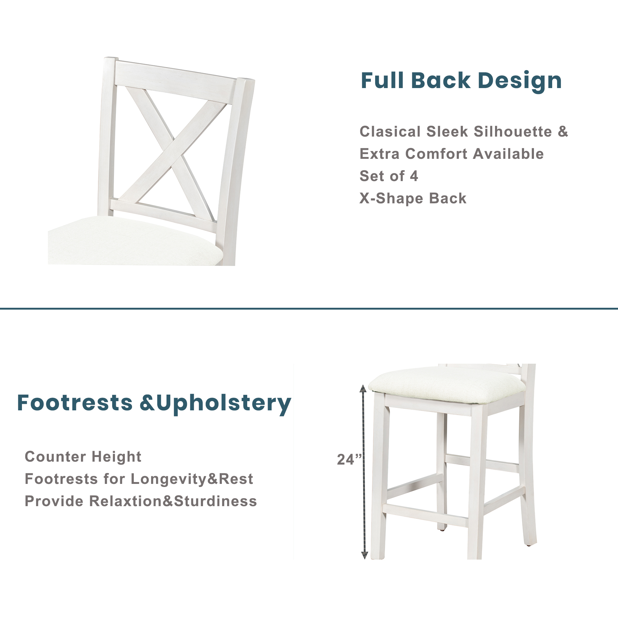 TOPMAX 5 Pieces Counter Height Rustic Farmhouse Dining Room Wooden Bar Table Set with 4 Chairs, White - Image 6