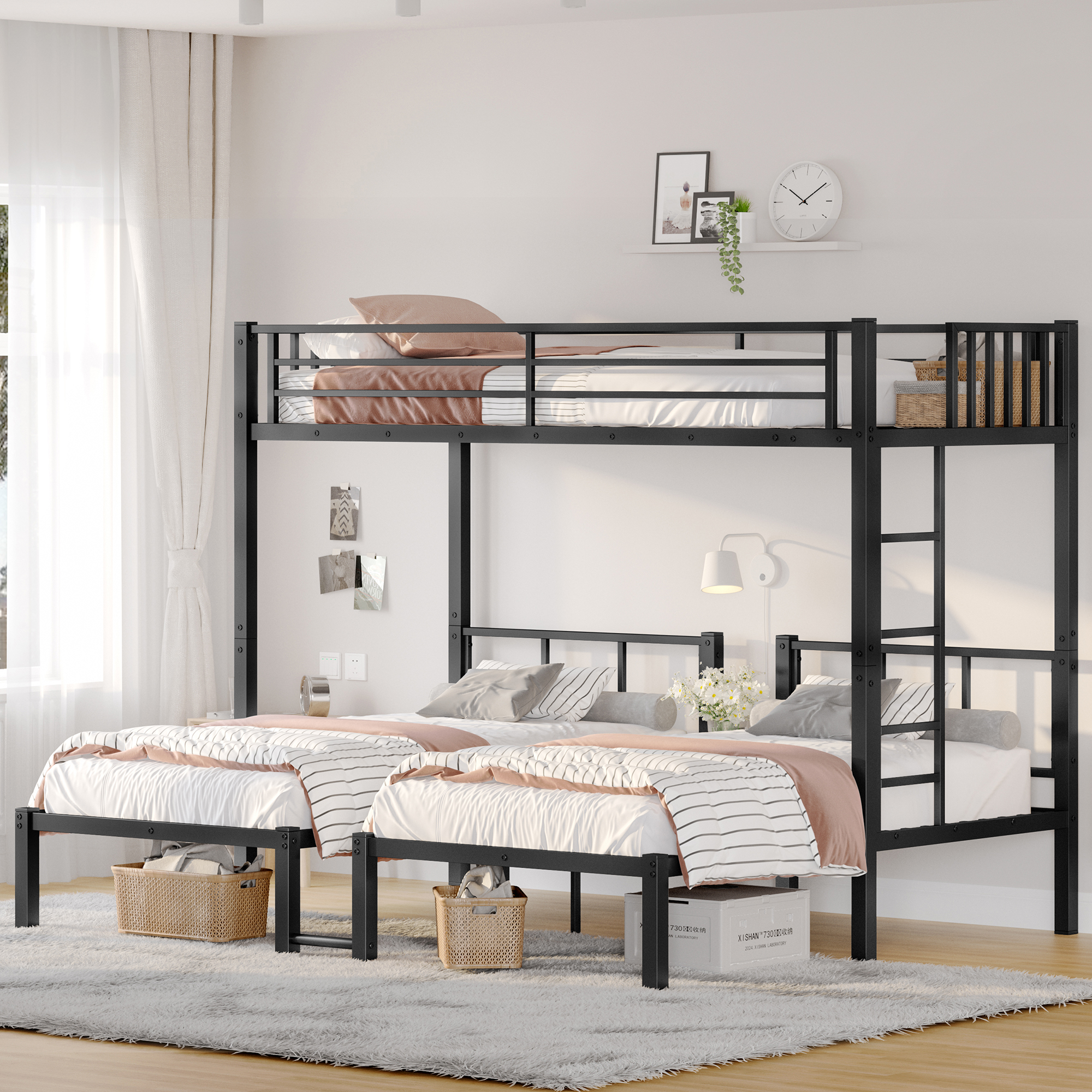Twin over Twin & Twin Bunk Beds for 3, Twin XL over Twin & Twin Bunk Bed Metal Triple Bunk Bed, Black - Image 1