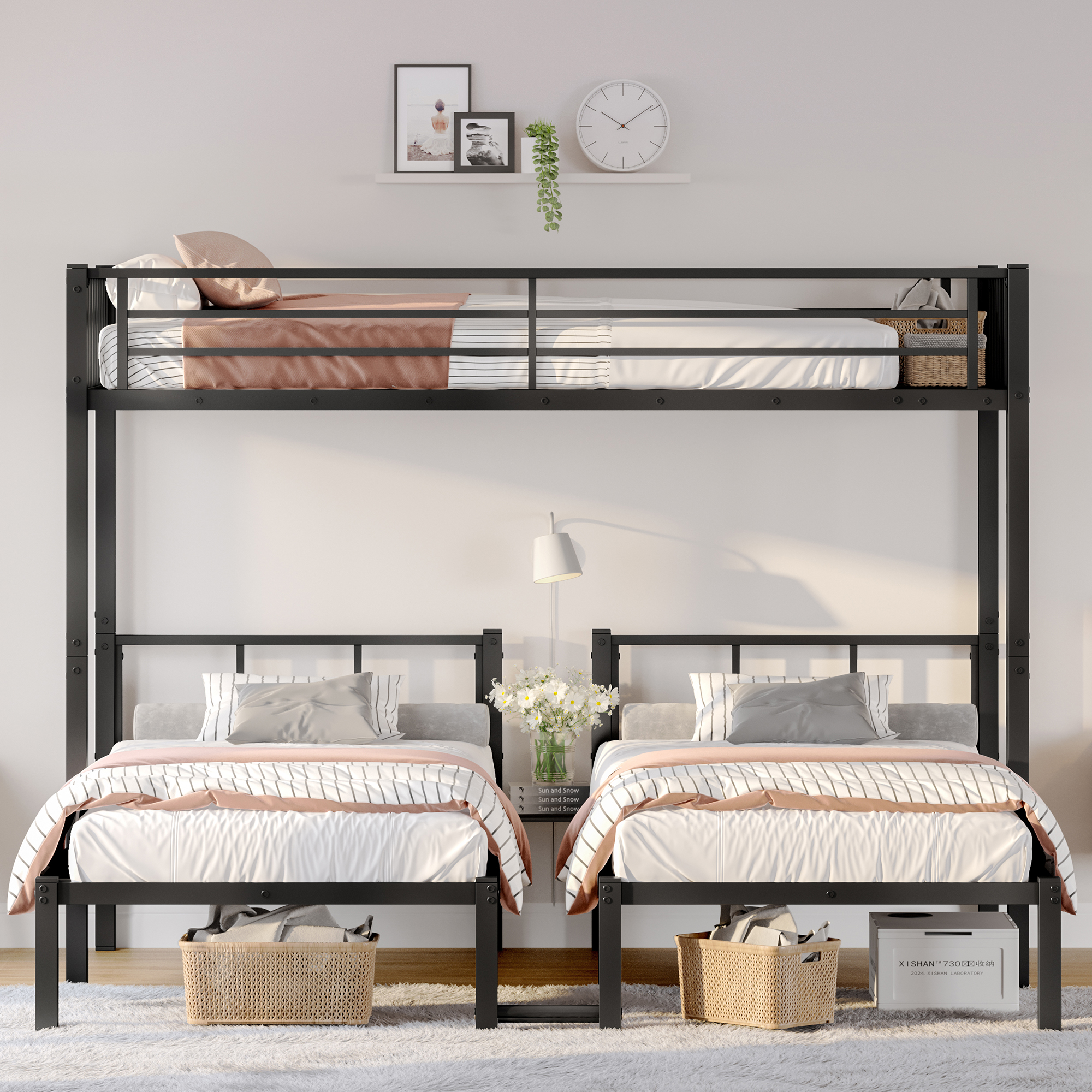 Twin over Twin & Twin Bunk Beds for 3, Twin XL over Twin & Twin Bunk Bed Metal Triple Bunk Bed, Black - Image 2