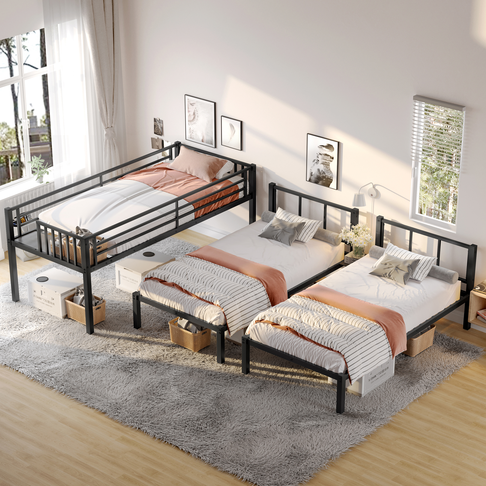 Twin over Twin & Twin Bunk Beds for 3, Twin XL over Twin & Twin Bunk Bed Metal Triple Bunk Bed, Black - Image 3