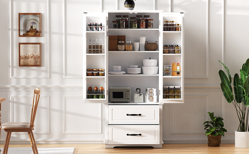K&K 71" Farmhouse Kitchen Pantry Cabinet with 2 Large Drawers,Embossed Texture Freestanding Cupboard Cabinet with 8 Door Shelves and 3 Cabinet Shelves for Kitchen,Dining Room,Living Room,Laundry,White - Image 2