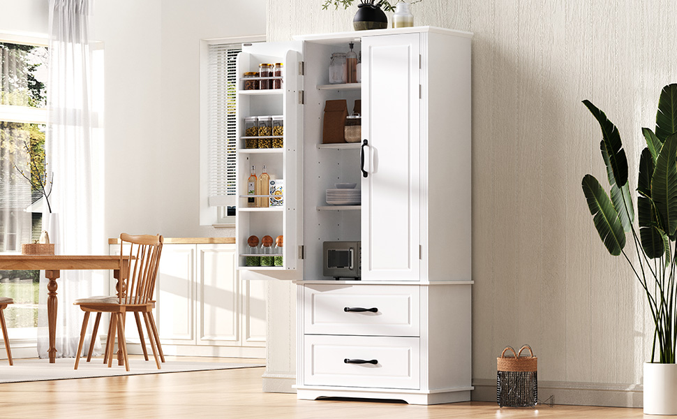 K&K 71" Farmhouse Kitchen Pantry Cabinet with 2 Large Drawers,Embossed Texture Freestanding Cupboard Cabinet with 8 Door Shelves and 3 Cabinet Shelves for Kitchen,Dining Room,Living Room,Laundry,White - Image 3