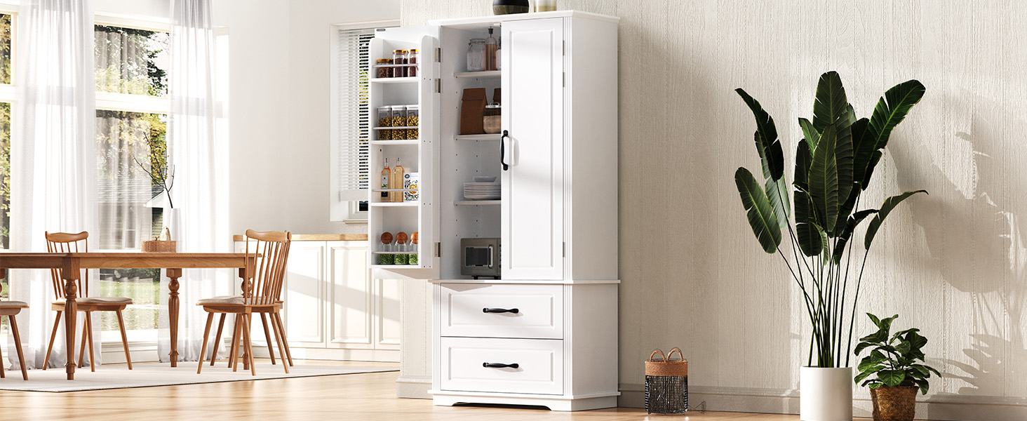 K&K 71" Farmhouse Kitchen Pantry Cabinet with 2 Large Drawers,Embossed Texture Freestanding Cupboard Cabinet with 8 Door Shelves and 3 Cabinet Shelves for Kitchen,Dining Room,Living Room,Laundry,White - Image 5