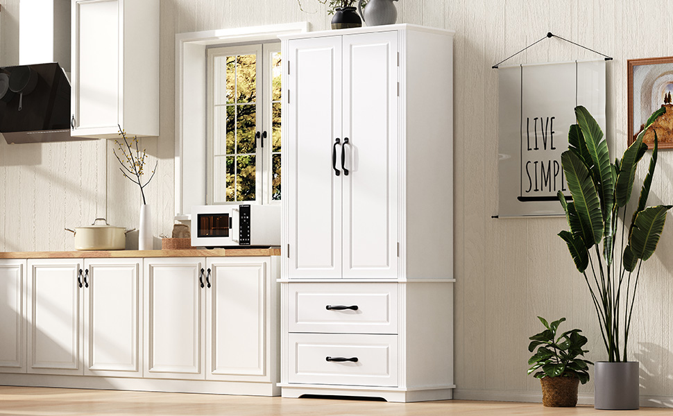 K&K 71" Farmhouse Kitchen Pantry Cabinet with 2 Large Drawers,Embossed Texture Freestanding Cupboard Cabinet with 8 Door Shelves and 3 Cabinet Shelves for Kitchen,Dining Room,Living Room,Laundry,White - Image 4