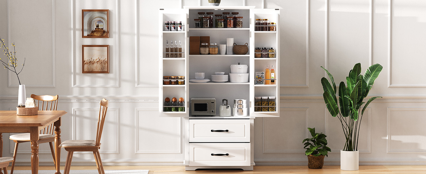 K&K 71" Farmhouse Kitchen Pantry Cabinet with 2 Large Drawers,Embossed Texture Freestanding Cupboard Cabinet with 8 Door Shelves and 3 Cabinet Shelves for Kitchen,Dining Room,Living Room,Laundry,White - Image 6