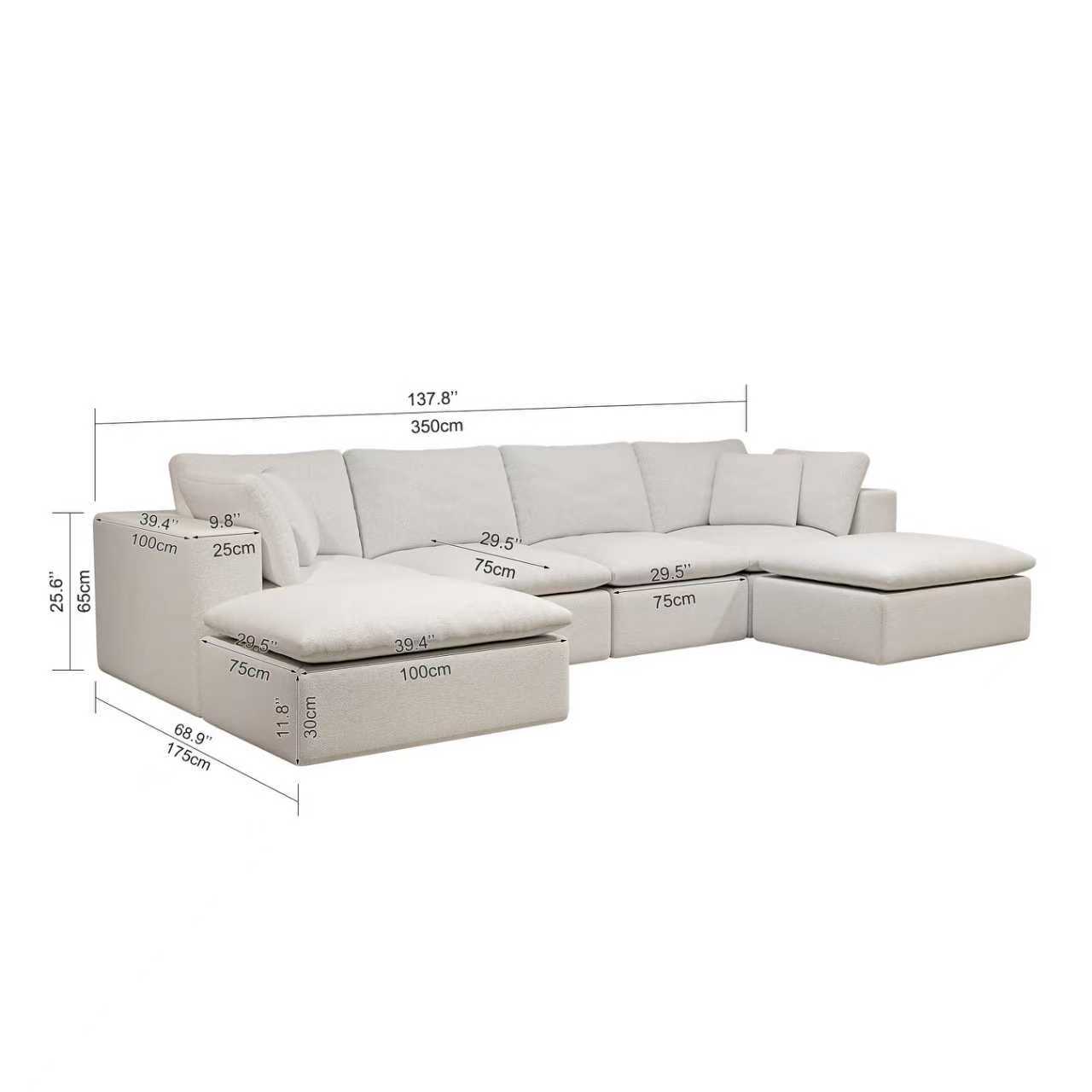 137.8*68.9"Modular sectional sofa seat,Upholstered compressed couch for living room,Bedroom,Apartment,No assembly required,5PC free combination,Plush corduroy fabric,WHITE - Image 4