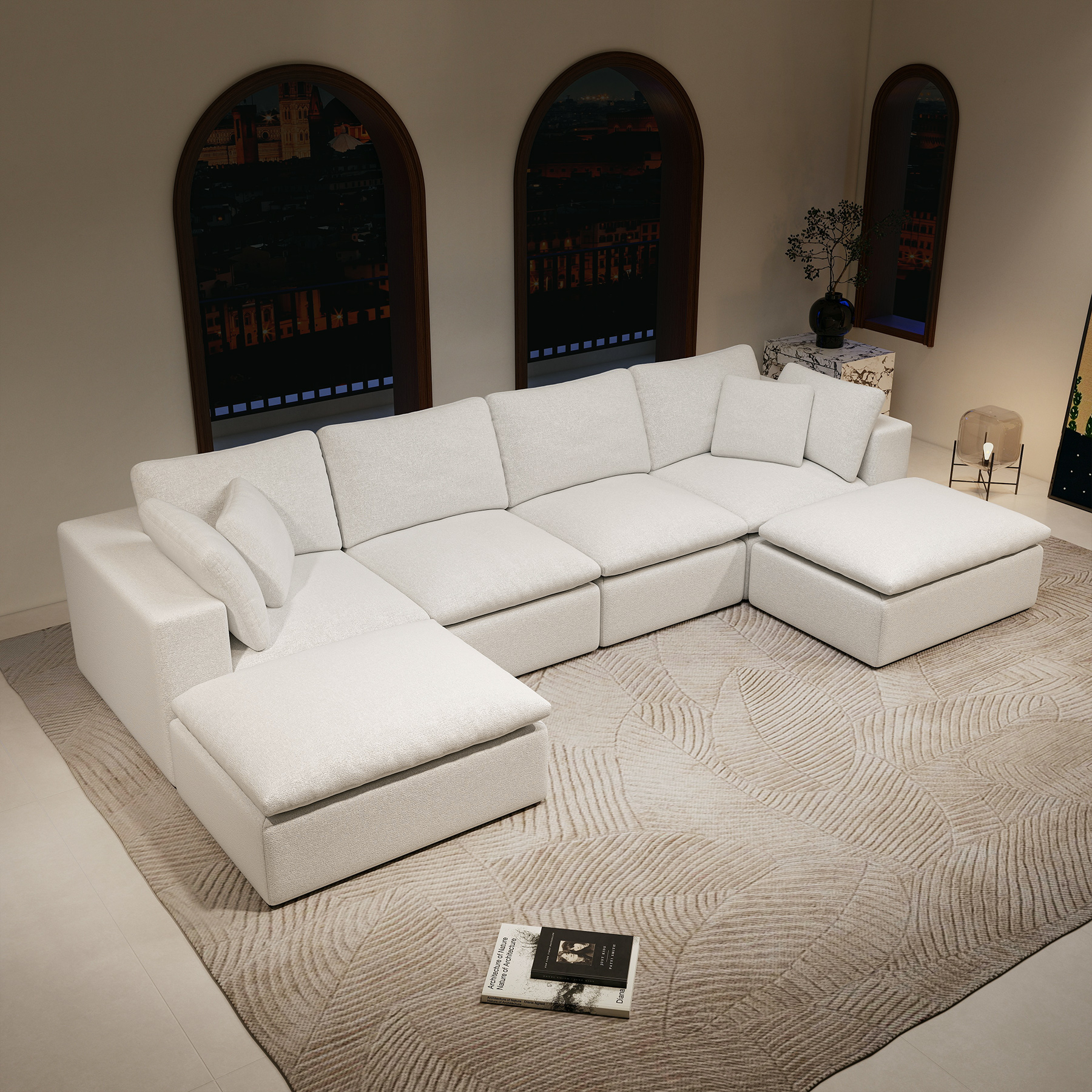 137.8*68.9"Modular sectional sofa seat,Upholstered compressed couch for living room,Bedroom,Apartment,No assembly required,5PC free combination,Plush corduroy fabric,WHITE - Image 3