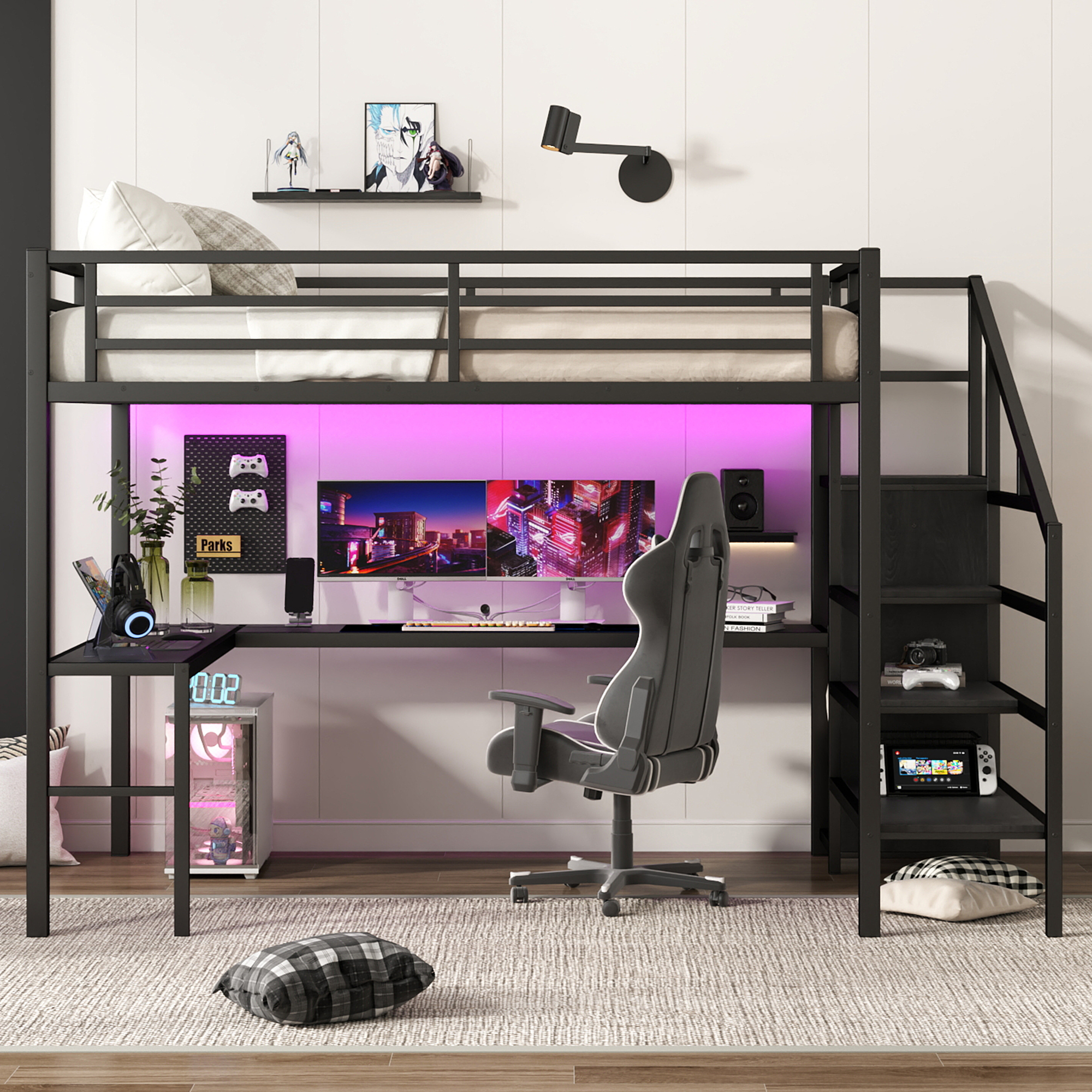 Queen Size Loft Bed with L-shaped Desk and USB, Metal Loft Bed with Wardrobe and Adjustable Shelf, High Loft Bed with LED for Kids Teens Adults, Black - Image 3