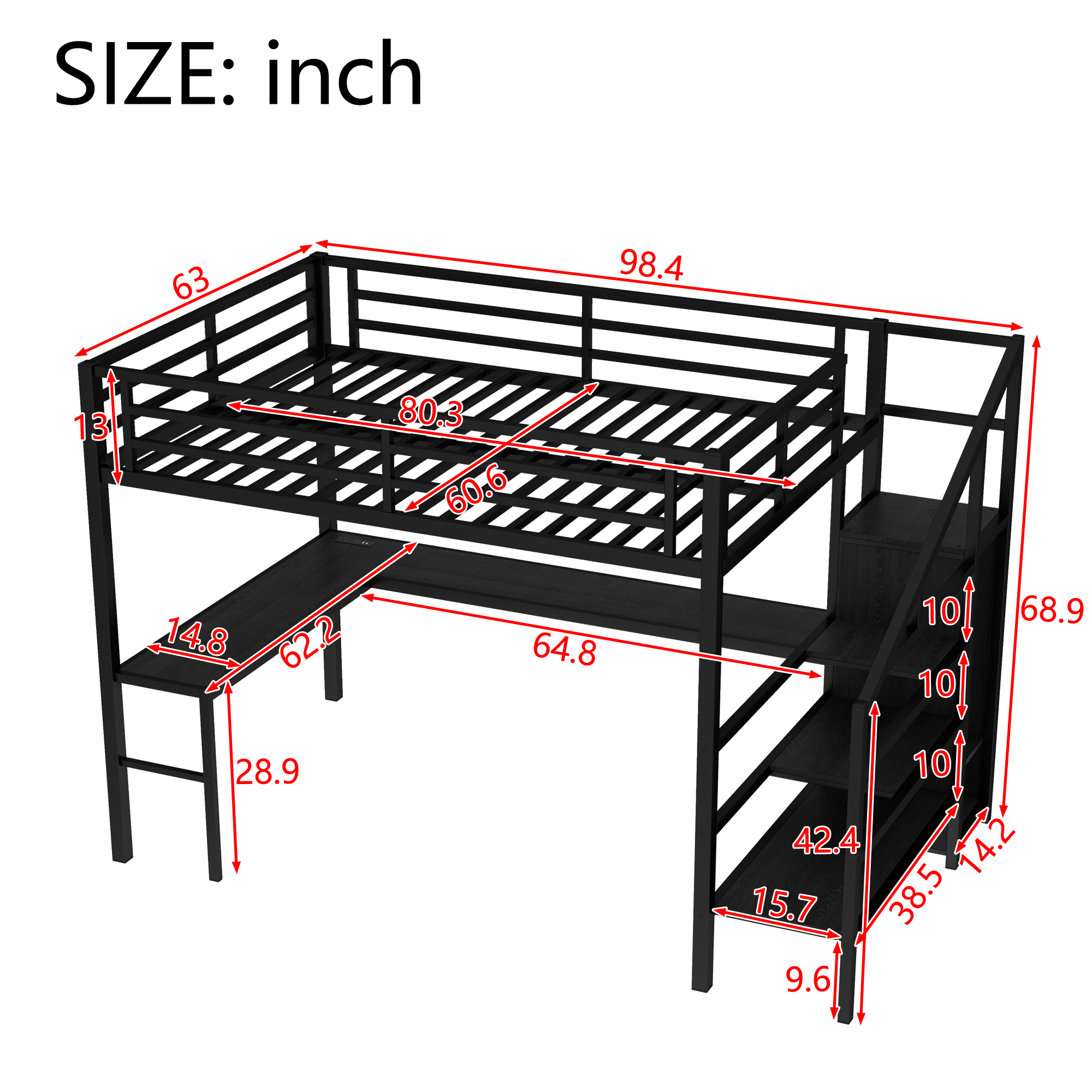 Queen Size Loft Bed with L-shaped Desk and USB, Metal Loft Bed with Wardrobe and Adjustable Shelf, High Loft Bed with LED for Kids Teens Adults, Black - Image 4