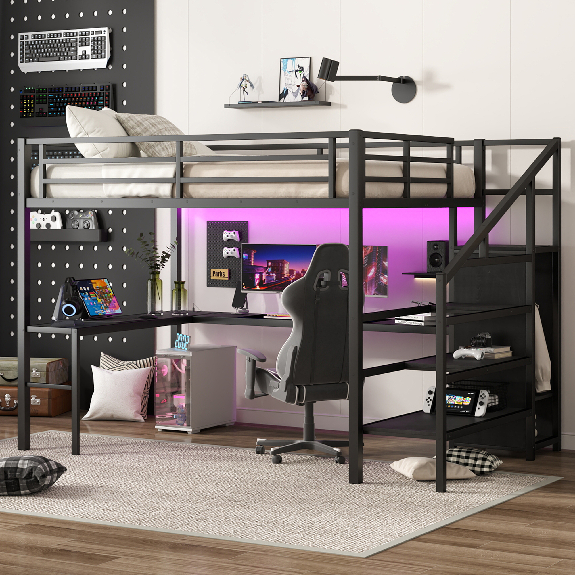 Queen Size Loft Bed with L-shaped Desk and USB, Metal Loft Bed with Wardrobe and Adjustable Shelf, High Loft Bed with LED for Kids Teens Adults, Black - Image 2