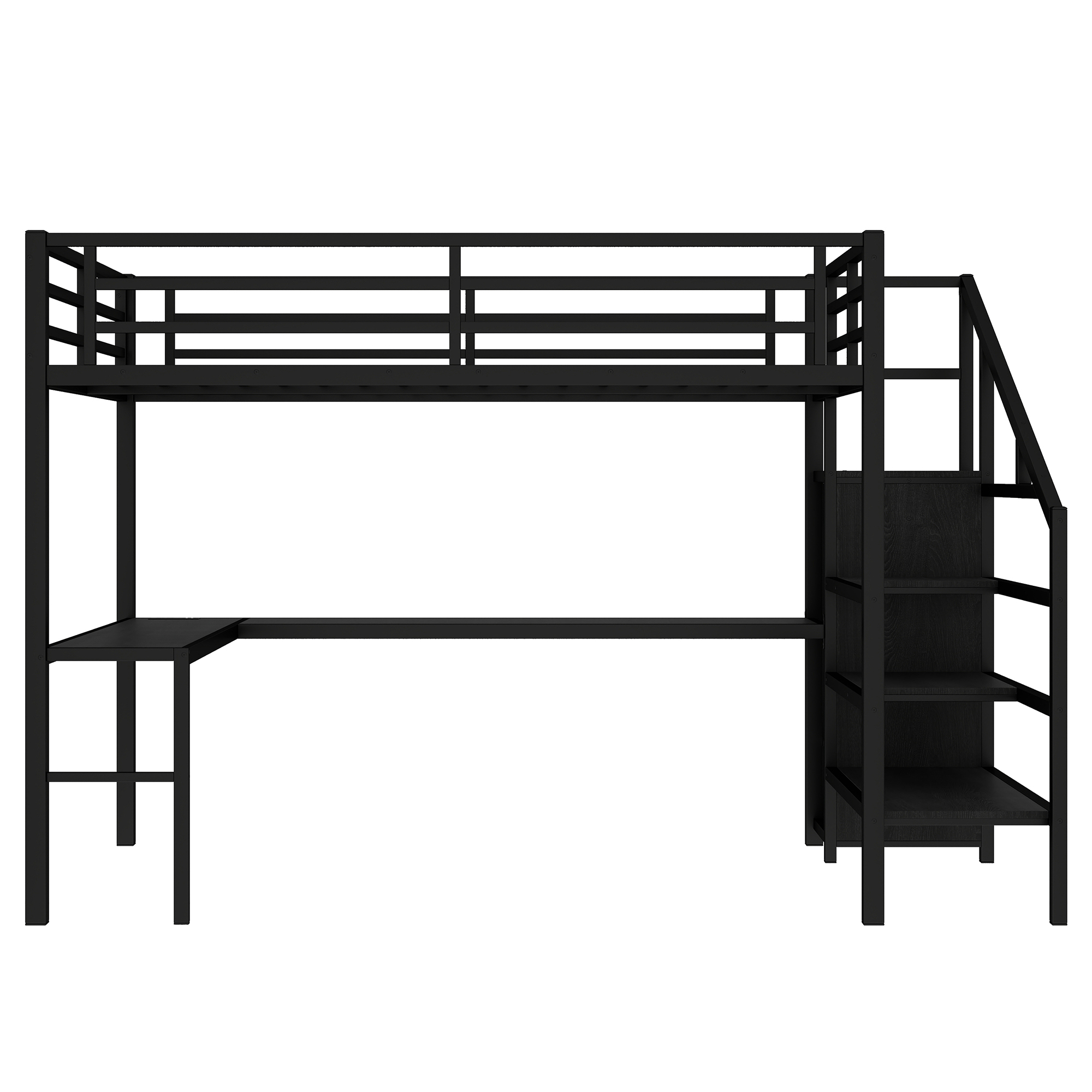 Queen Size Loft Bed with L-shaped Desk and USB, Metal Loft Bed with Wardrobe and Adjustable Shelf, High Loft Bed with LED for Kids Teens Adults, Black - Image 5